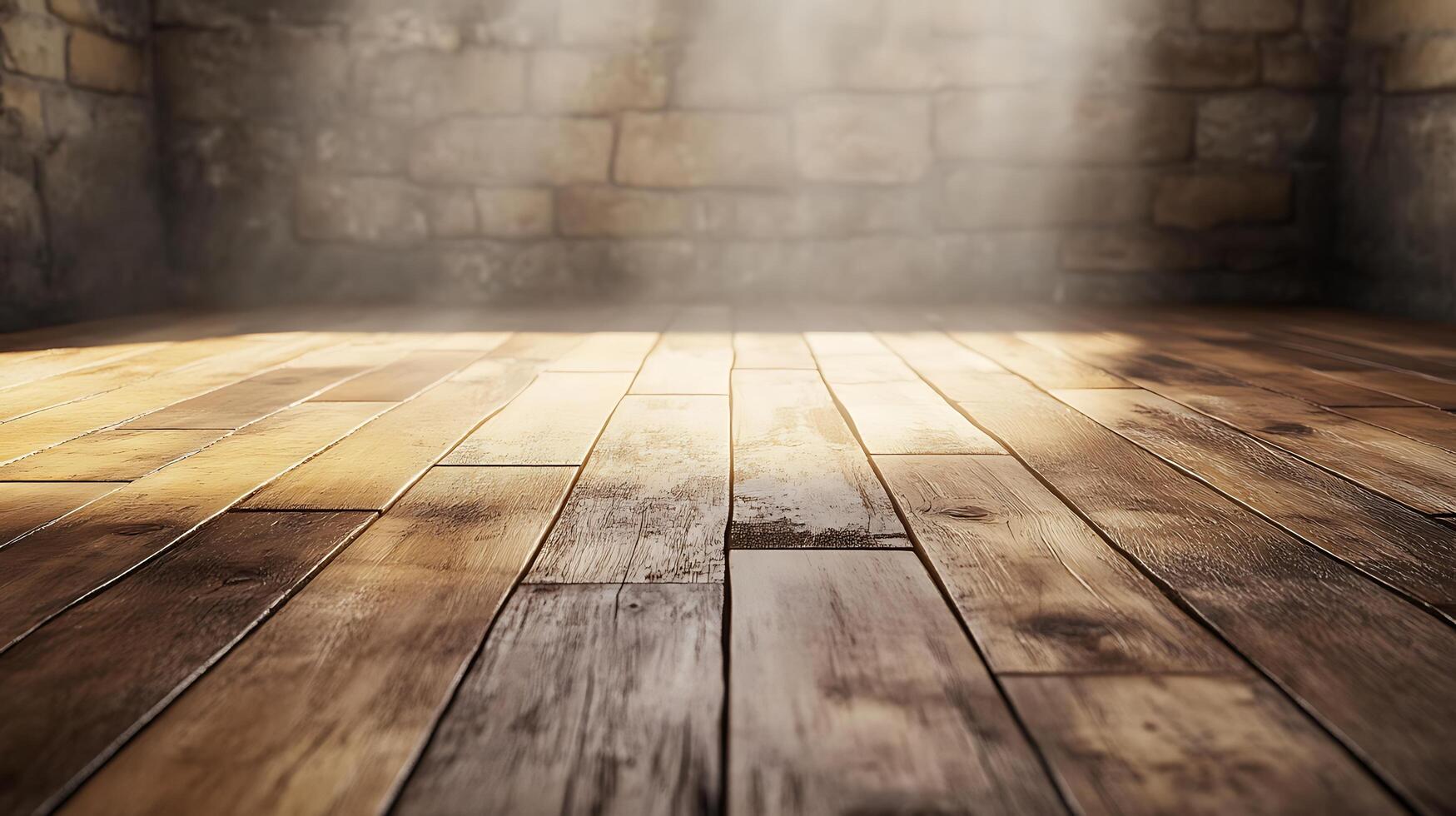 Interior space featuring a worn wooden floor and a rugged stone wall bathed in soft, directional lighting, creating a moody and inviting atmosphere. photo