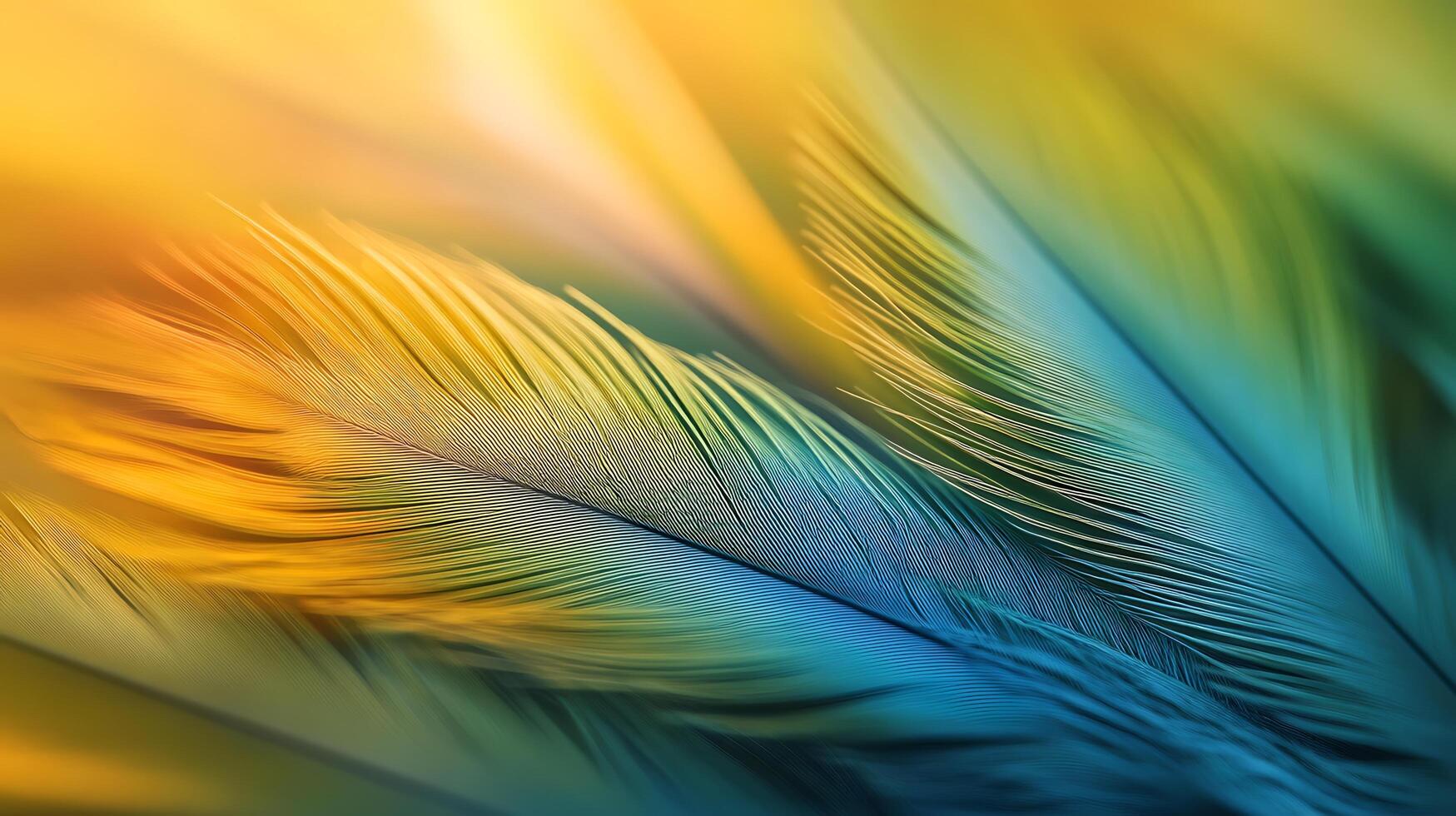 Macro shot featuring feathers with gradient hues of yellow, green, and blue. Light and airy, suitable for abstract backgrounds. photo