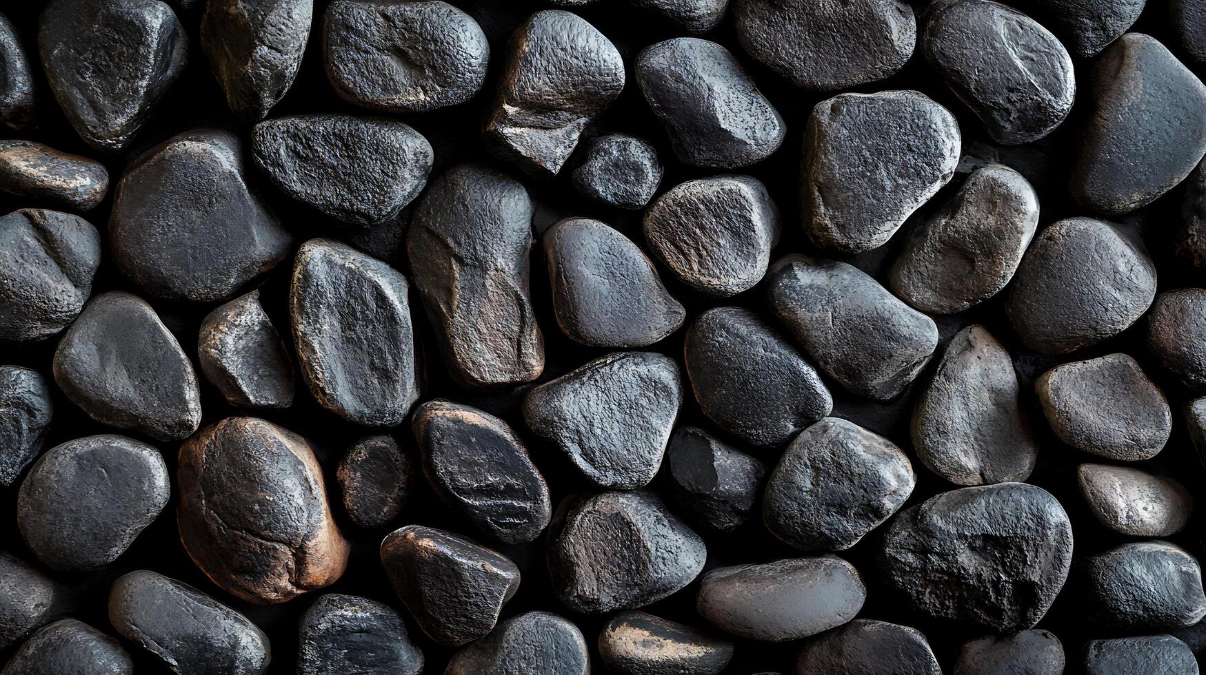 A captivating arrangement of smooth, dark stones creates a visually striking and textured surface. Rock composition showcases nature's artwork. photo