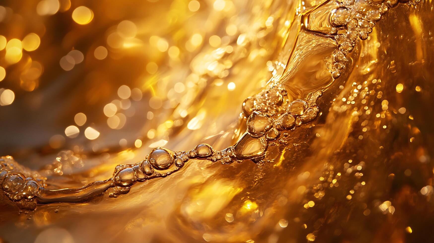 Golden liquid motion with bubbles creating a mesmerizing surface in a bright setting. Abstract visual of liquid dynamics. photo