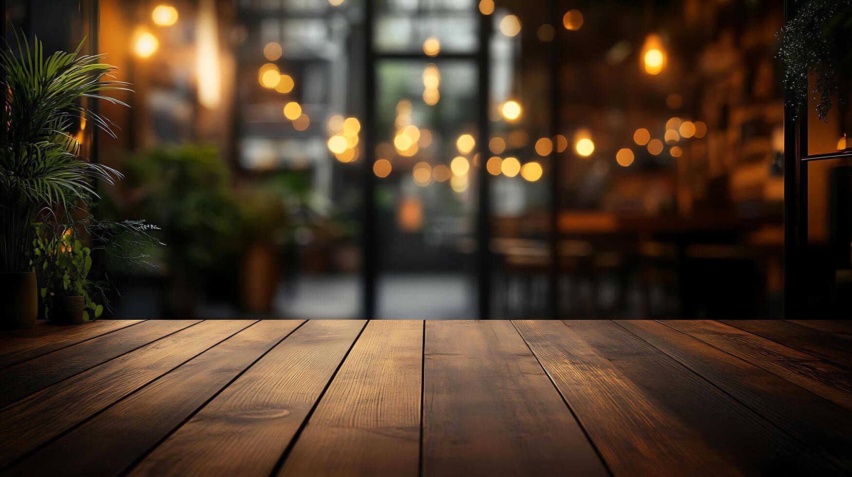 Rustic wood table in a cozy cafe setting, illuminated by warm ambient lighting, inviting ambiance for dining and gathering with friends photo