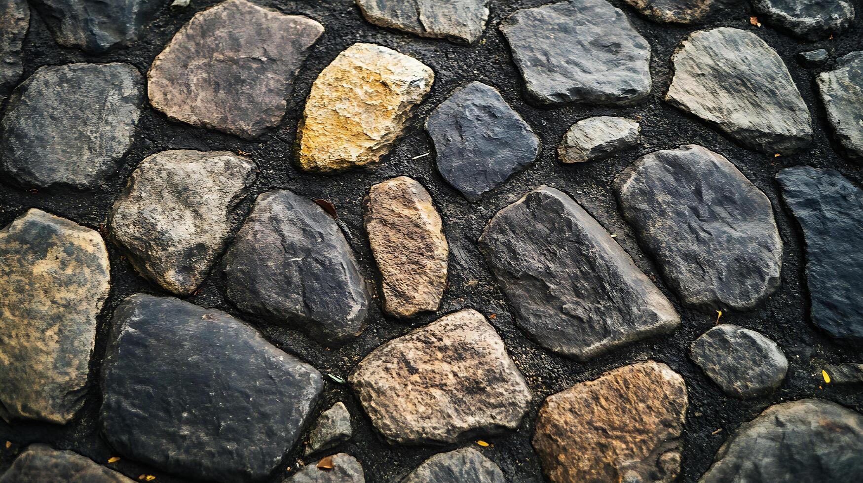 Close-up of a stone pavement featuring a variety of shapes, sizes, and earth tones, set against a dark, textured ground. photo