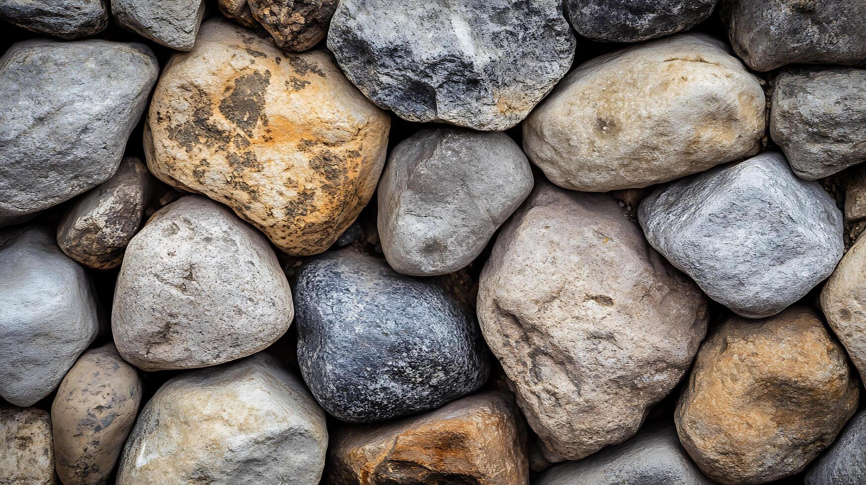 Closeup showcases a textured tapestry of rounded rocks in varying shades of gray, brown, and beige, forming a rugged, natural surface. photo