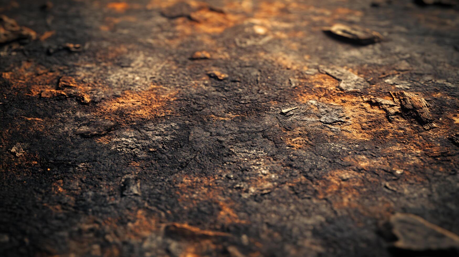 Close-up of rugged, textured surface with hues of black, brown, and orange showcasing aged natural material in a shallow depth of field. photo