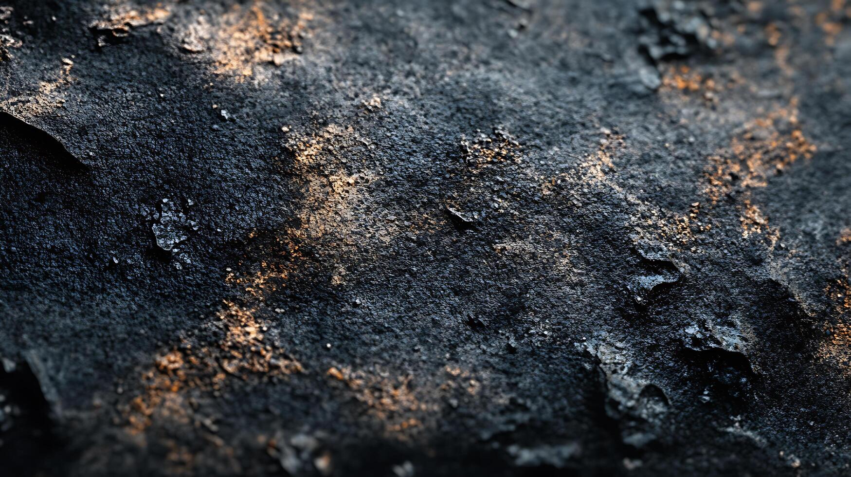 Textured black surface with mineral flecks Close-up of rough, dark material with subtle gold and brown inclusions Abstract surface detail. photo