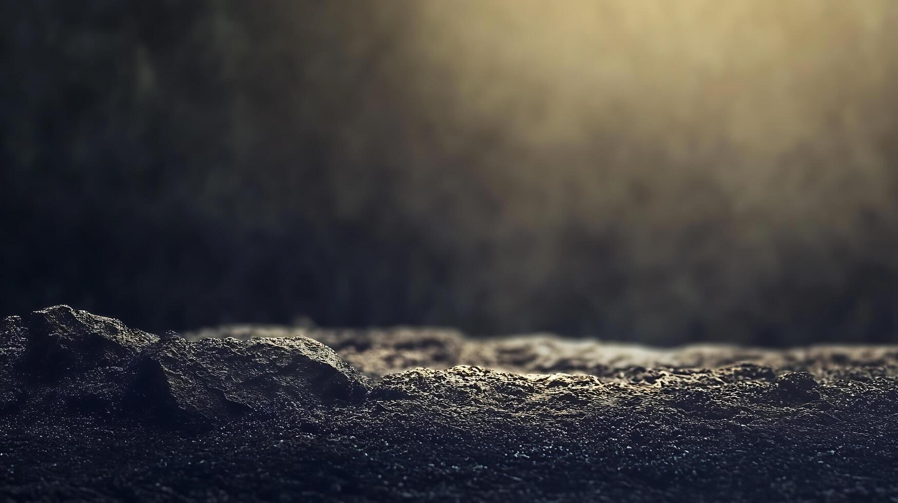Atmospheric landscape with textured foreground, reminiscent of lunar or desolate terrain, bathed in muted light. Mysterious and otherworldly. photo