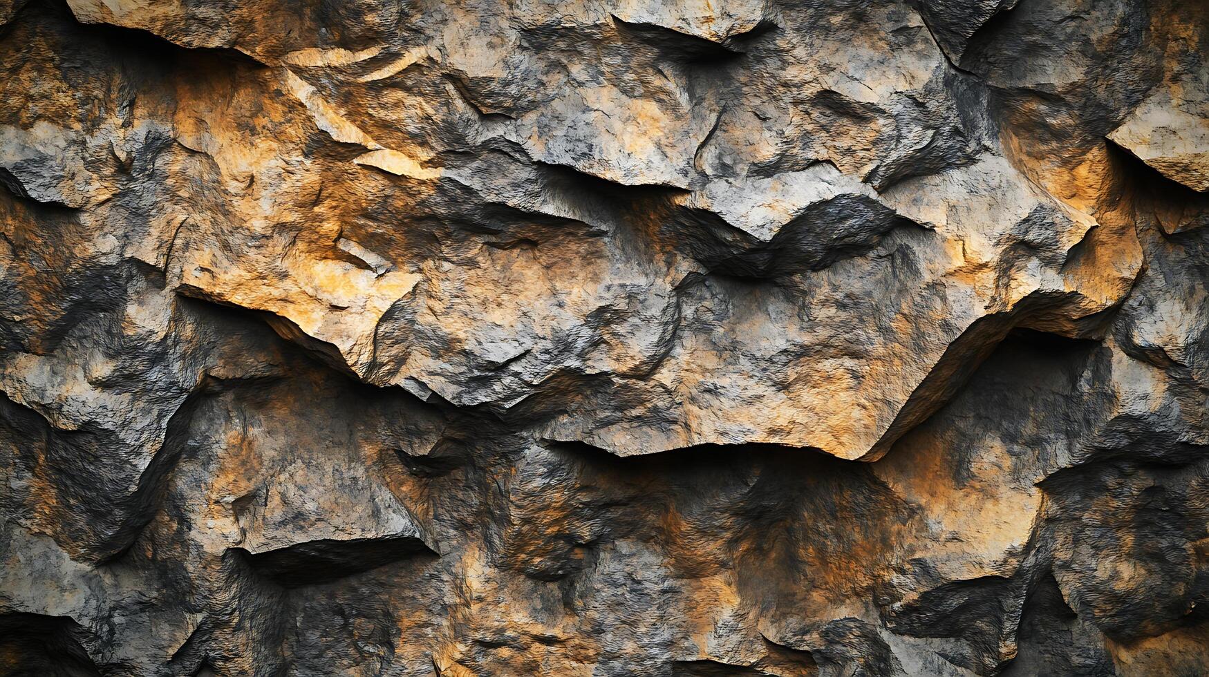 Detailed stone wall pattern with rough texture in warm earth tones, featuring shadows and fractured planes, perfect for backgrounds. photo