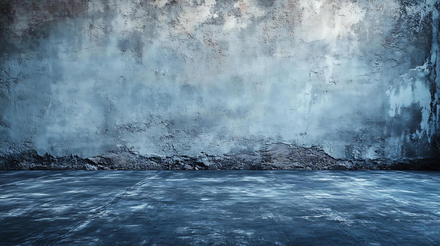 Abstract textured background with decaying blue and gray wall, and dark marbled floor. Backdrop is a grungy, atmospheric space. photo