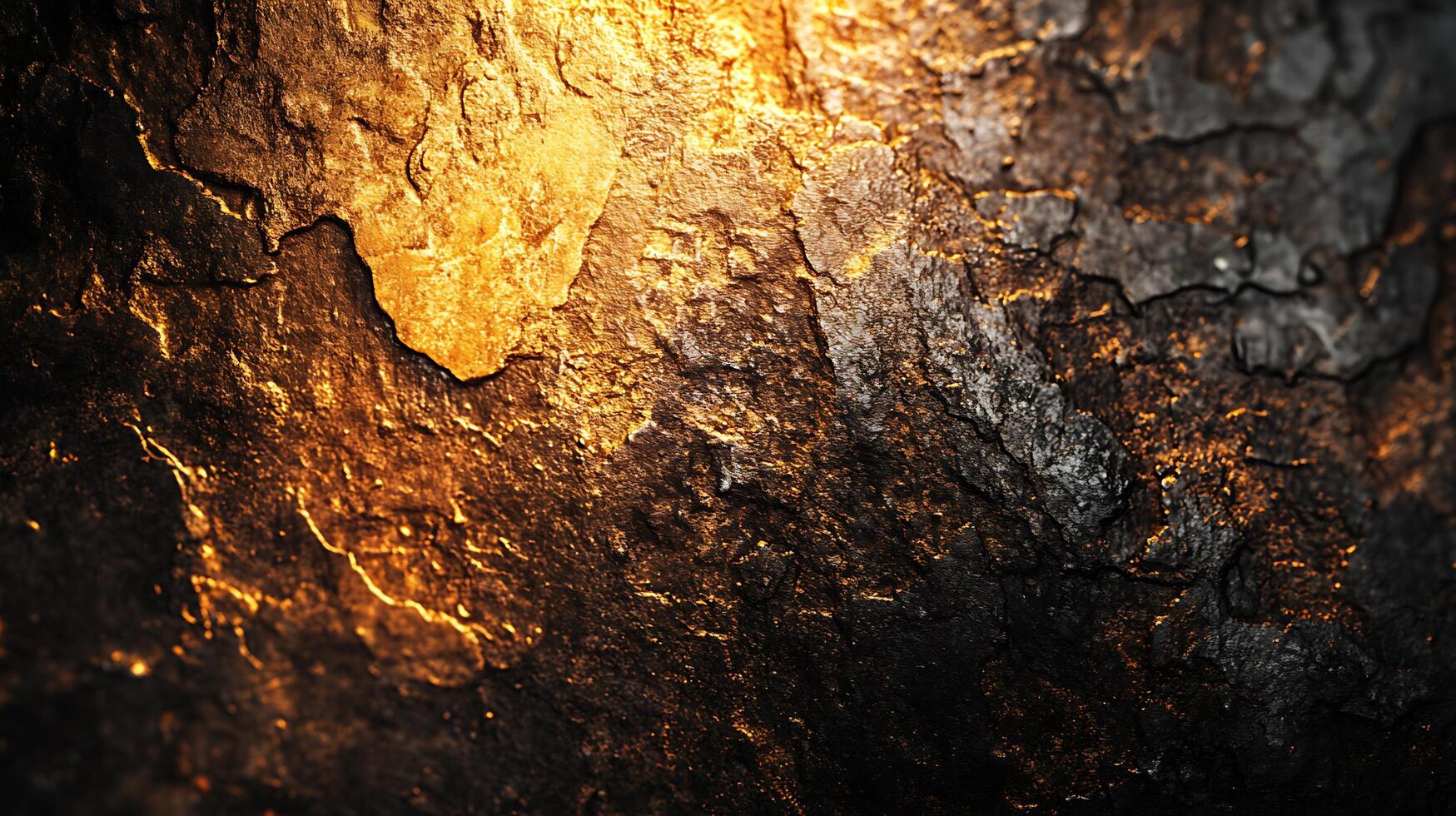 A striking view of natural stone, showcasing dark textures and glowing golden light, capturing the earth's rugged beauty with artistic flair. photo