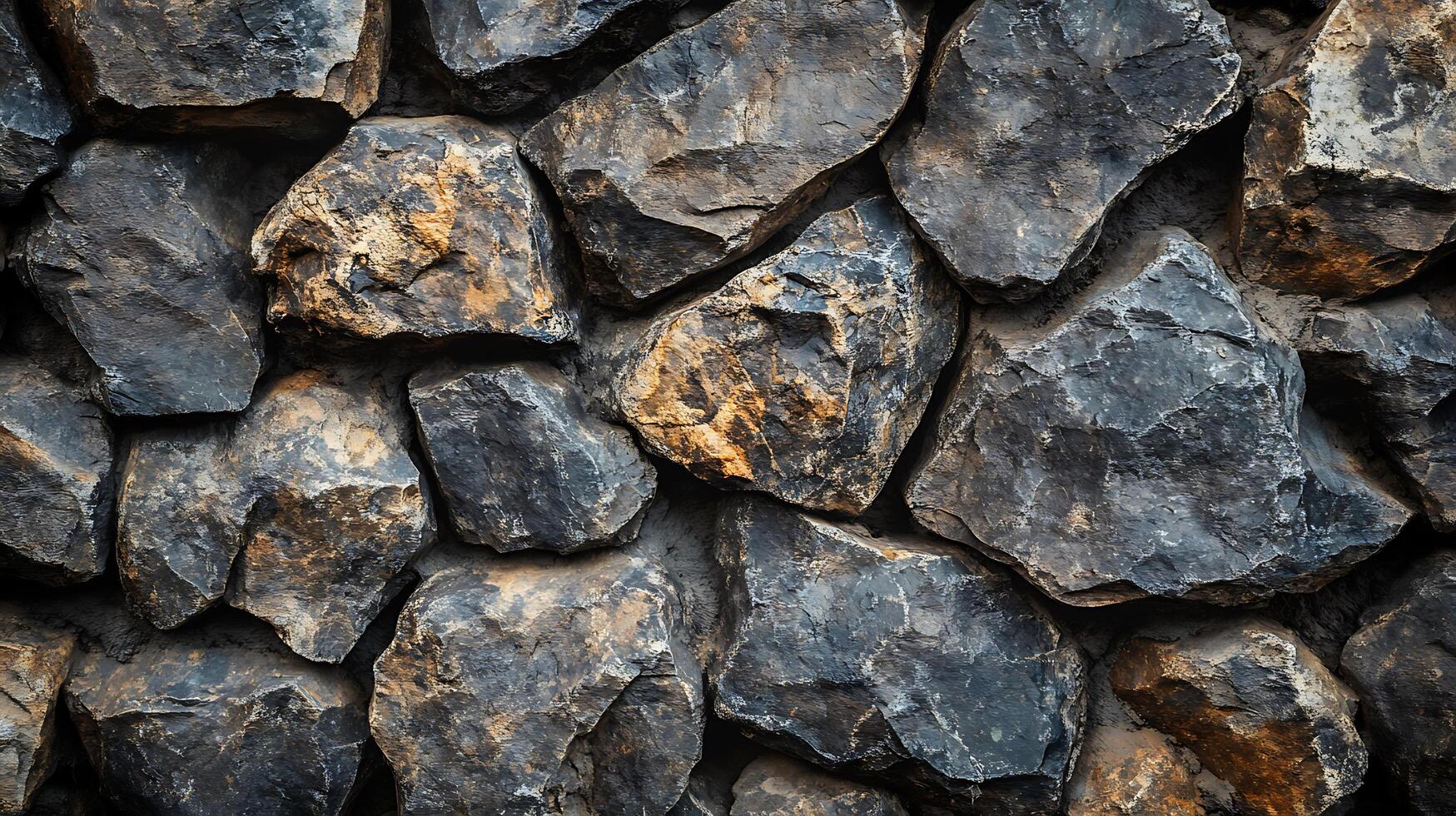 Sturdy wall constructed from rugged natural stone. Dark and rough texture evokes strength and resilience. Timeless architectural design. photo