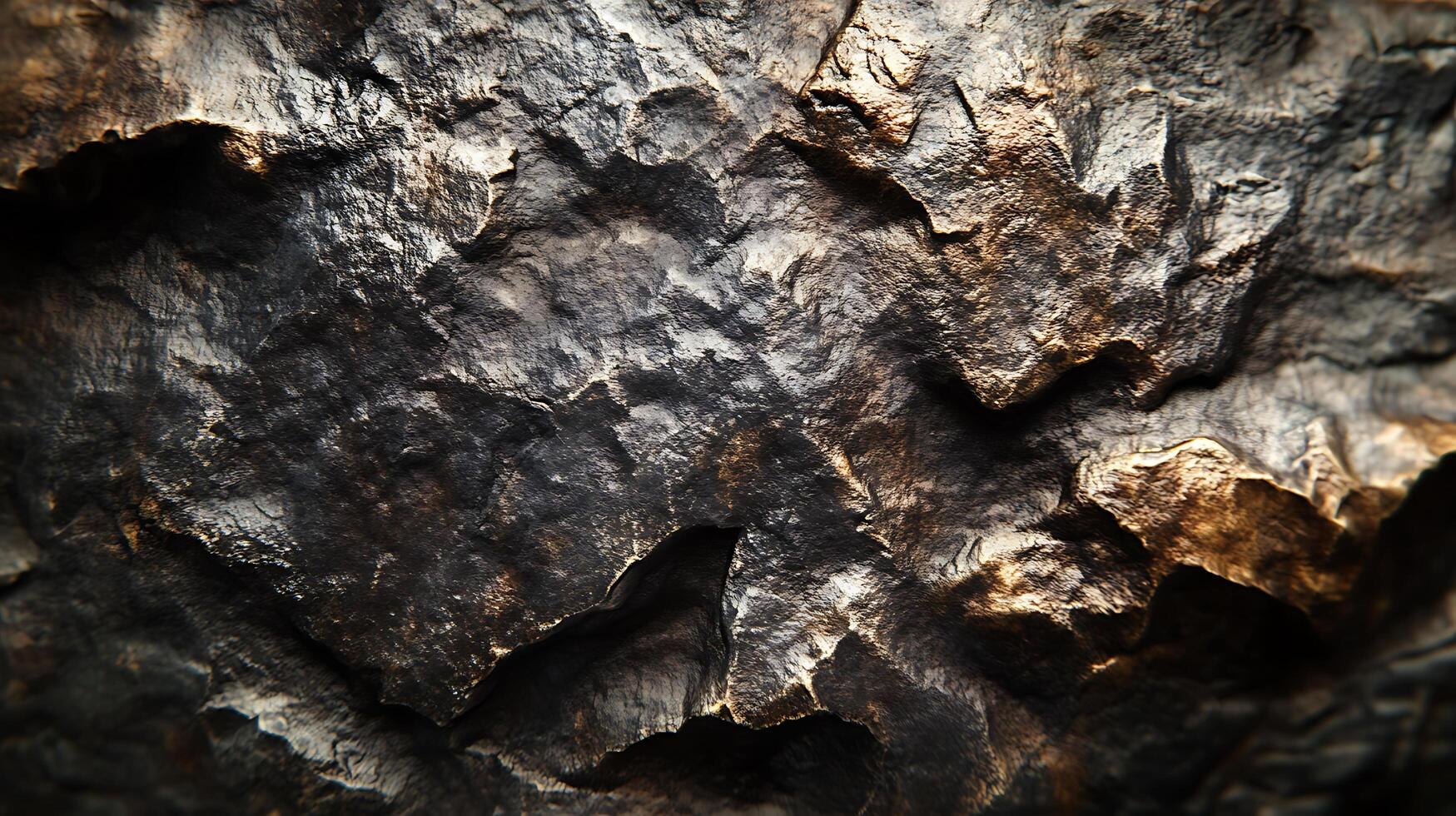 Dramatic rock face with deep shadows, revealing a complex texture and geological formation. Metallic sheens and a hint of light. photo