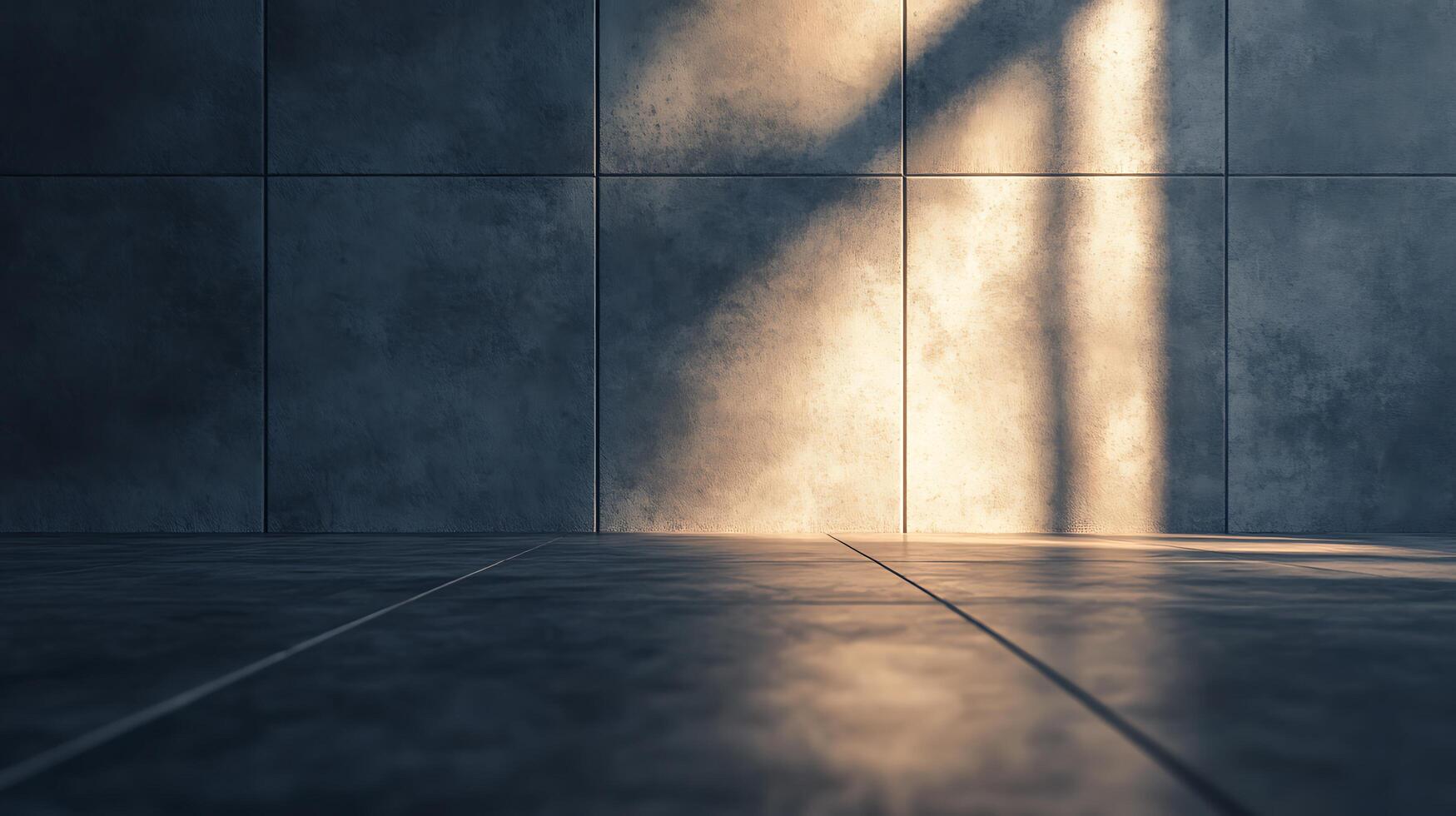 Modern Interior A stark contrast of light and shadow on a concrete tiled floor and wall create a dramatic and minimalistic ambiance. photo
