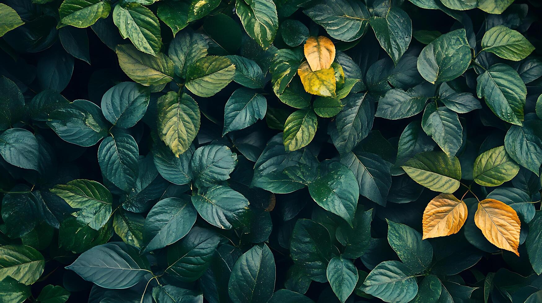 A lush green tapestry of vibrant leaves, where nature's artistry unfolds in layers of color and texture, accented by golden hues. photo