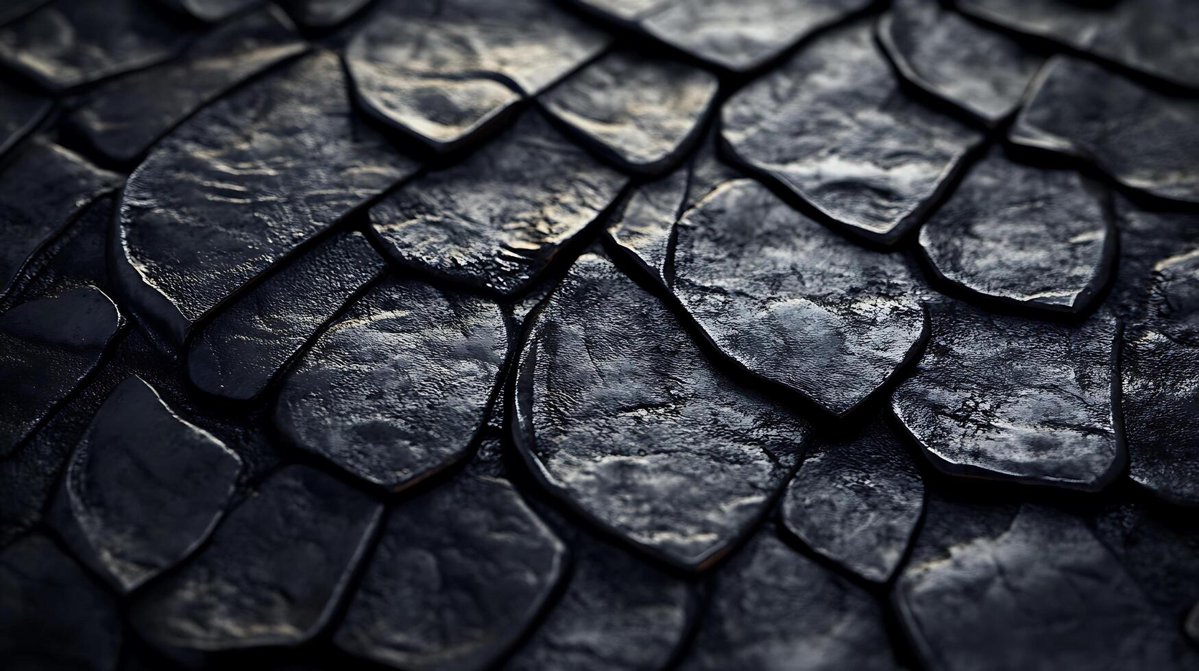 A close-up of overlapping, textured dark gray scales. The scales catch the light, creating highlights and shadows on their surfaces. photo