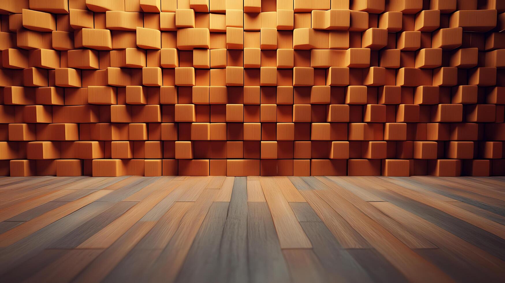 Abstract cube wall with warm tones and wooden floor. Architectural design for modern and geometric backdrop texture. Interior background. photo