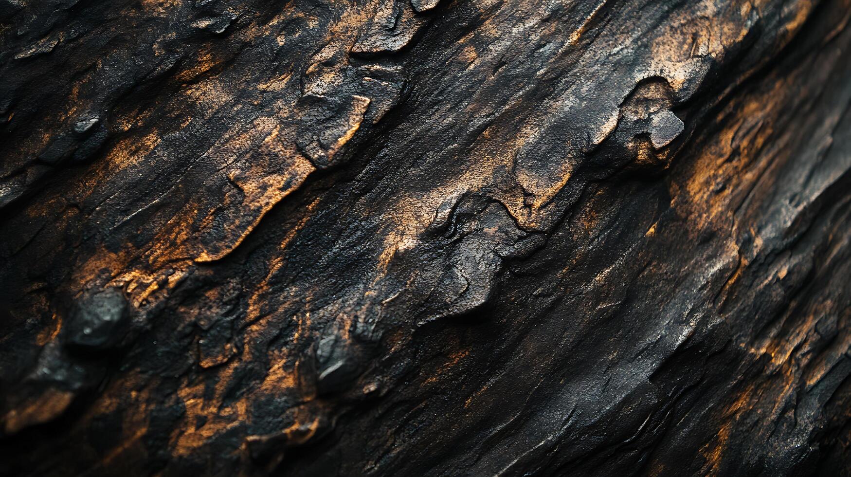 Textured surface featuring a dark, charred appearance with hints of gold, creating a rough and layered effect. Abstract. photo