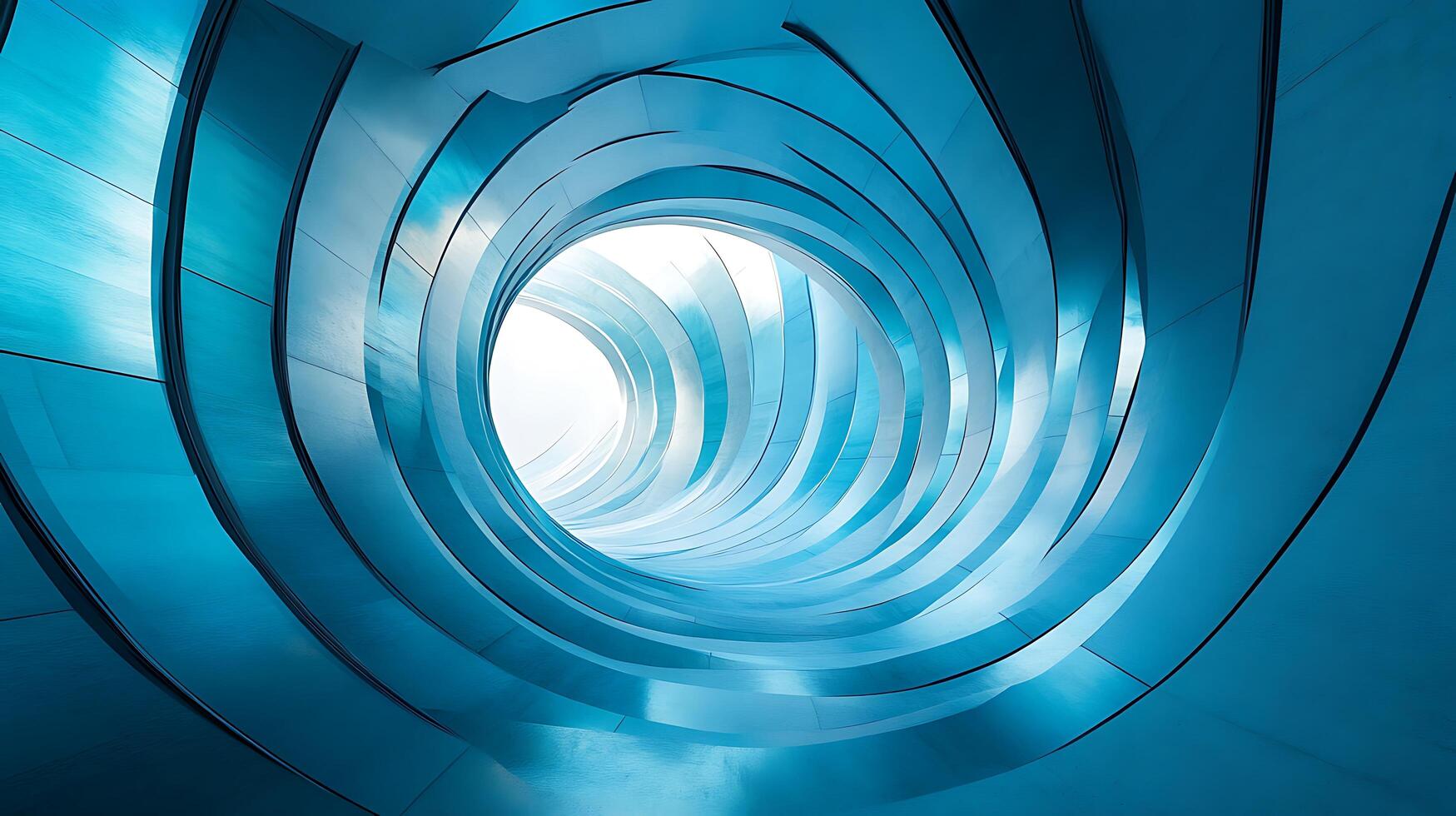 An abstract tunnel vision of blue architectural panels leading to a bright opening, creating a dynamic and modern design. photo