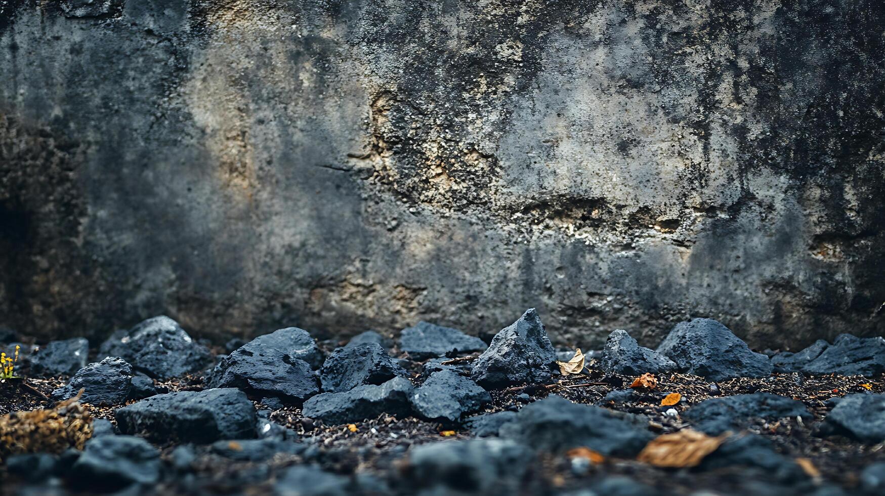 A weathered wall rises behind a collection of dark stones, hinting at the passage of time and the textures of natural decay. photo