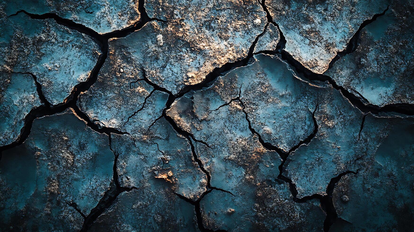 Abstract image of cracked earth reveals texture and patterns under teal lighting, suggesting drought and ecological stress. photo