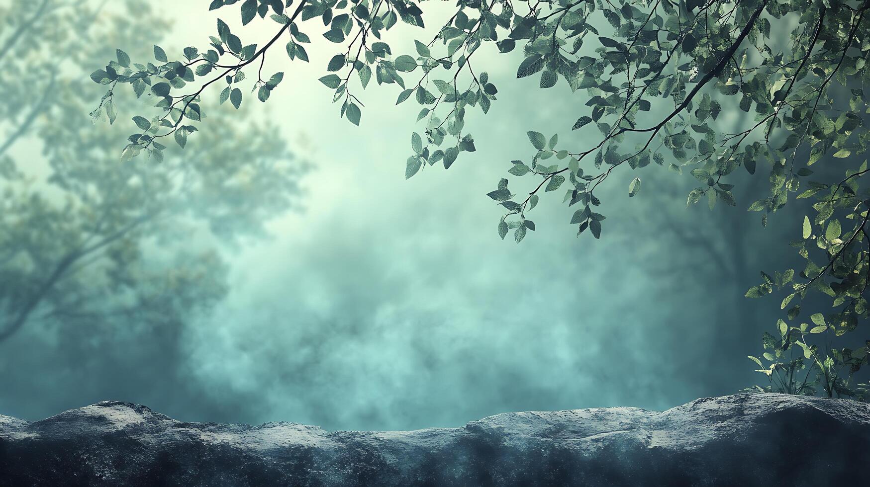 Enchanted forest landscape with mystical fog, silhouetted trees, and a rocky ledge creating a serene and dreamy ambiance. photo