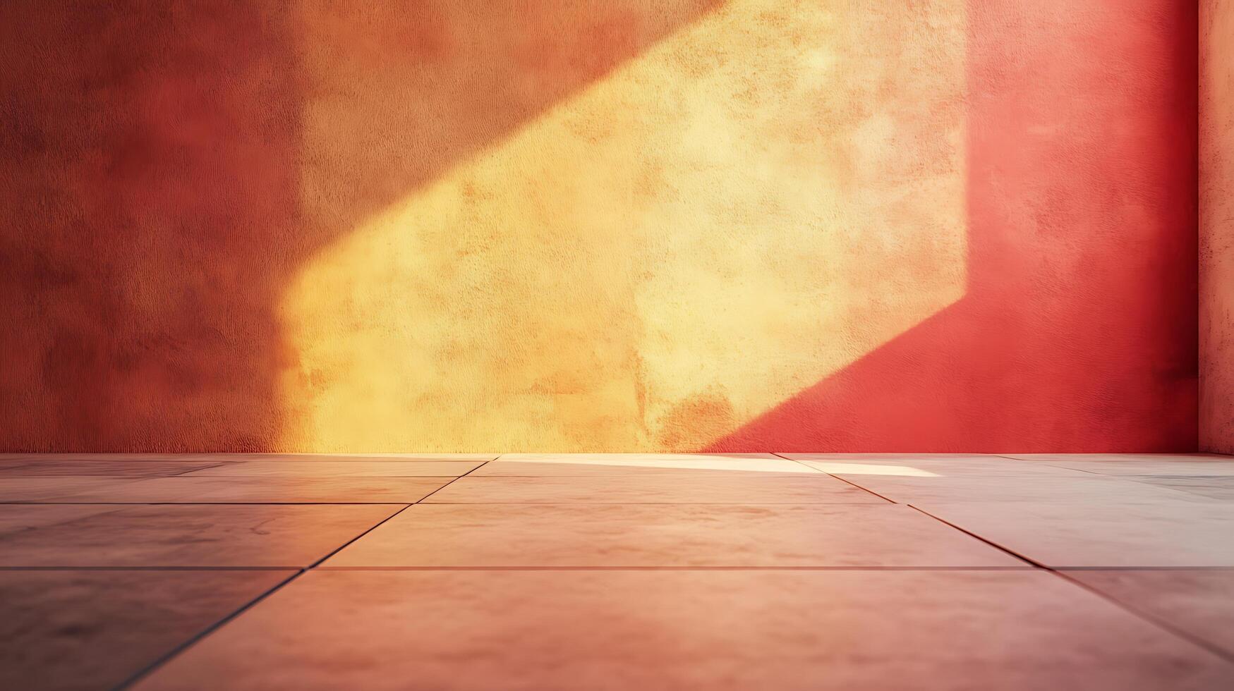 Sunlight casts a striking geometric shadow on a textured wall above a tiled floor, creating a minimalist abstract composition with warm tones. photo