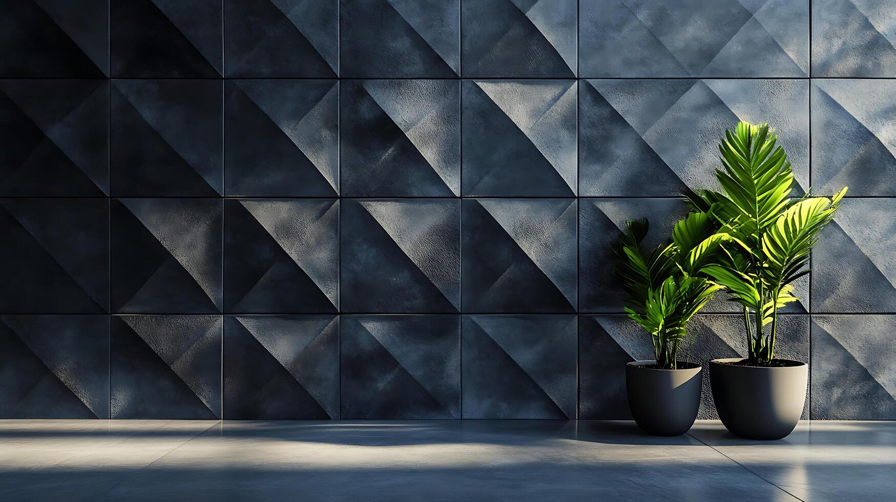 Geometric wall art with potted plants, creating a modern architectural aesthetic. The textured surface adds depth and visual interest. photo