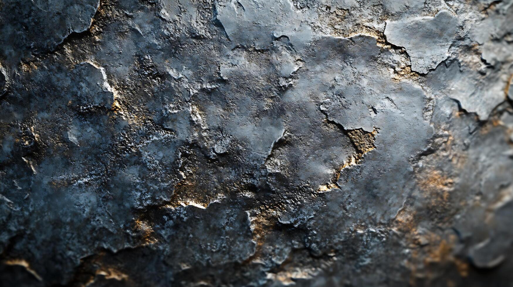Detailed shot of weathered and textured surface displaying various shades of gray and hints of golden-brown, revealing age and history. photo