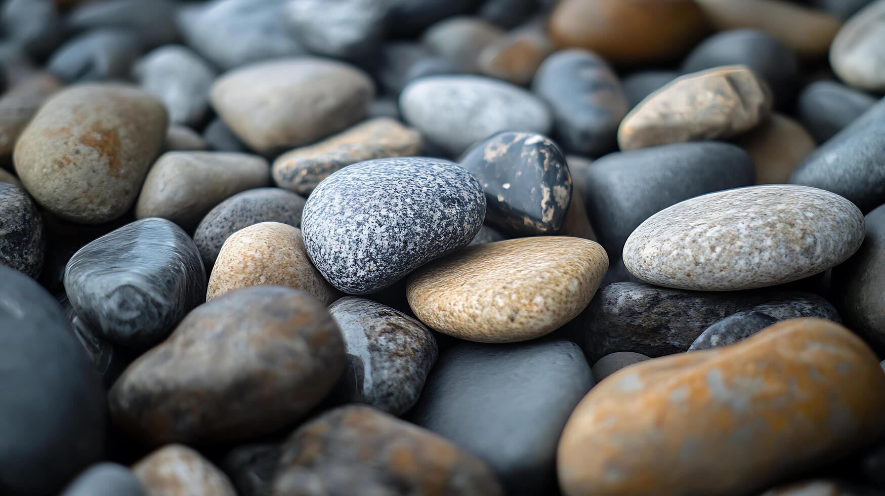 Pile of assorted smooth rocks in varying shades of grey and brown create a naturally textured surface. photo
