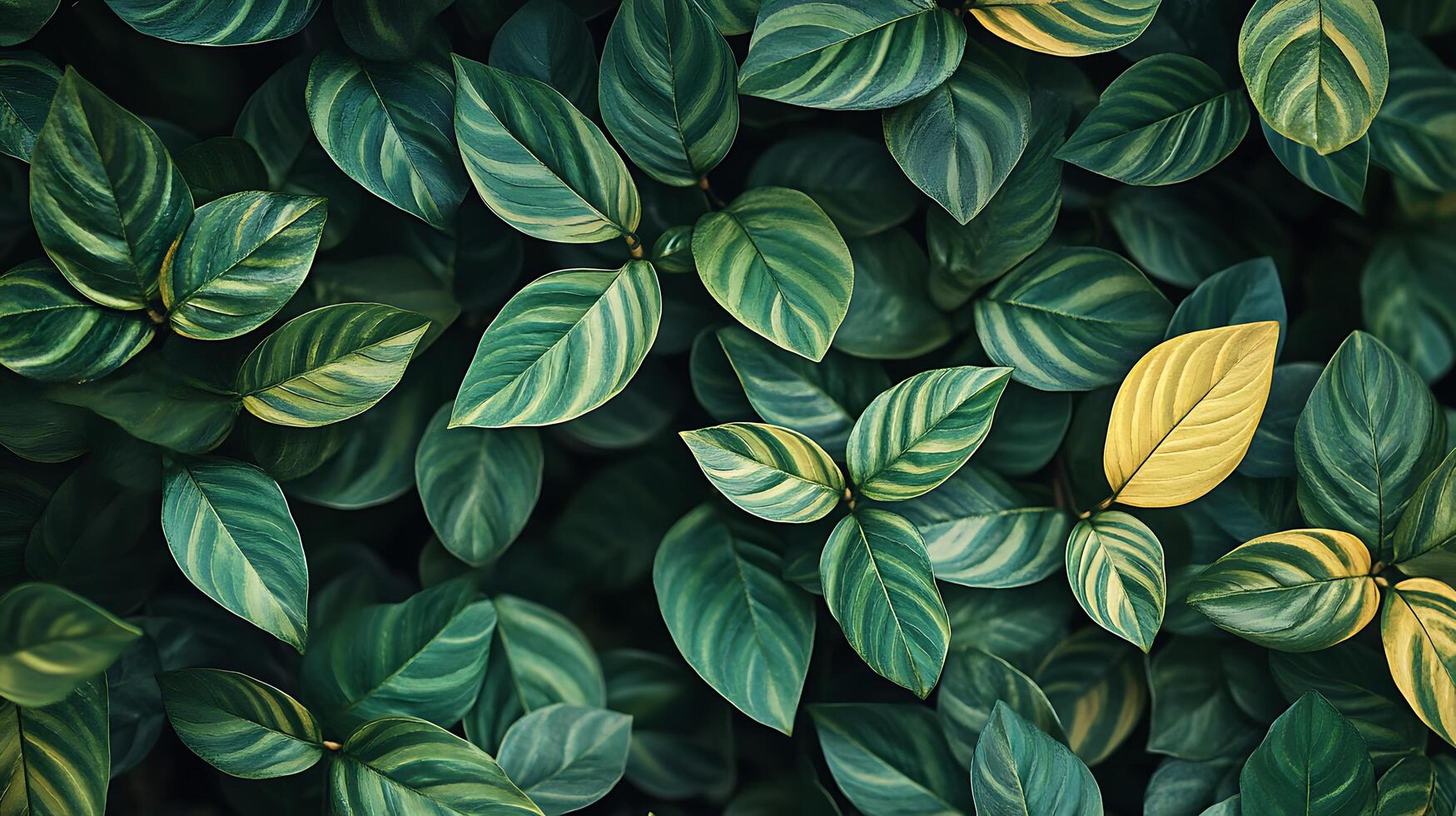 Striking leaves with verdant and cream stripes dominate this botanical composition. A single yellow leaf adds a burst of contrast photo
