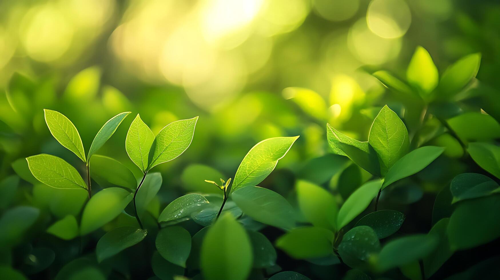 Lush green leaves bask in sunlight, creating a vibrant and refreshing natural scene, embodying growth and tranquility in vivid detail. photo