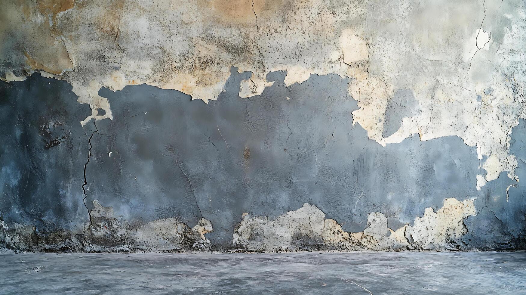 Distressed concrete texture with peeling layers and cracks creating a unique, weathered, and abstract pattern on wall and floor. photo