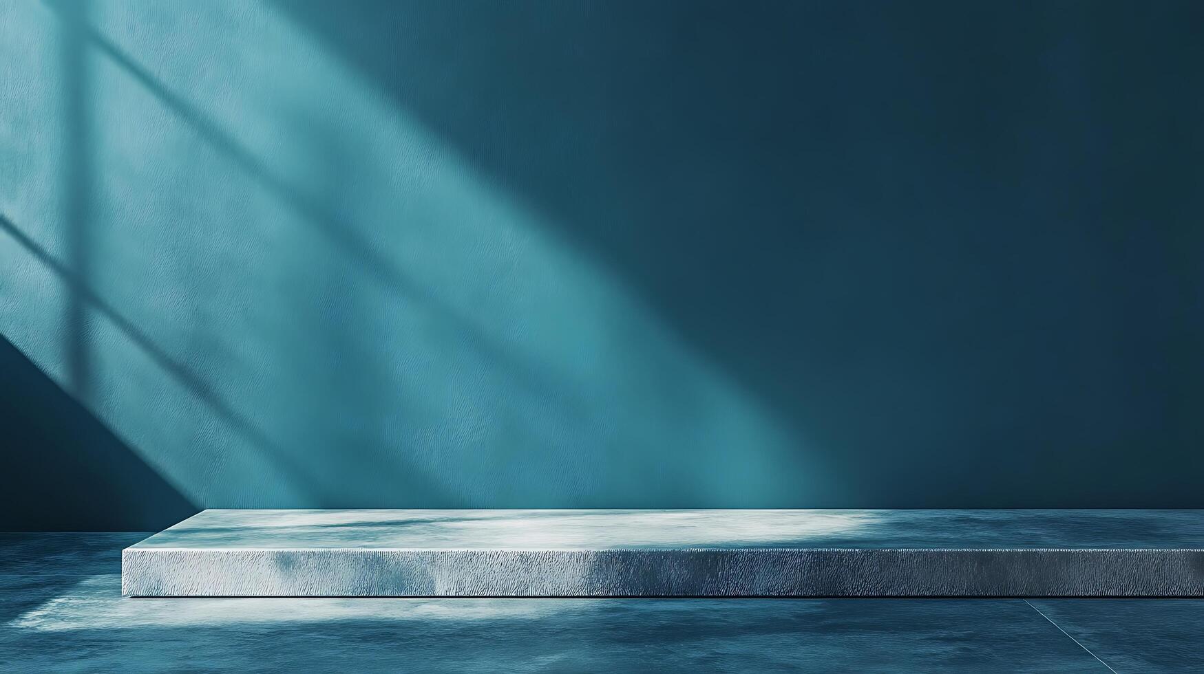 Minimalist concrete platform with natural light casting dramatic shadows against a turquoise wall. Ideal for product display. 128 characters photo