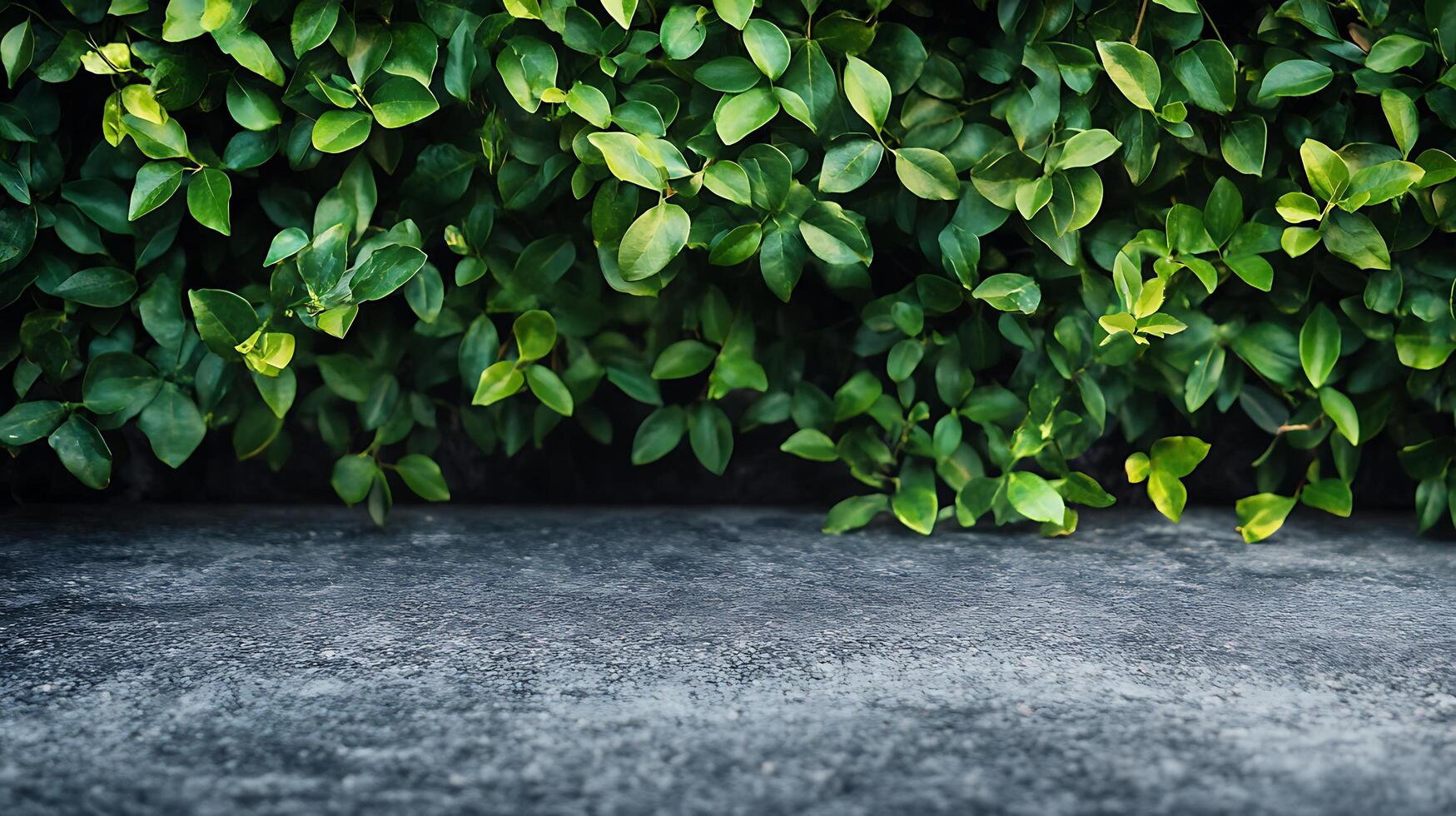 Lush green leaves cascade over a textured stone surface, creating a serene and inviting outdoor backdrop. photo