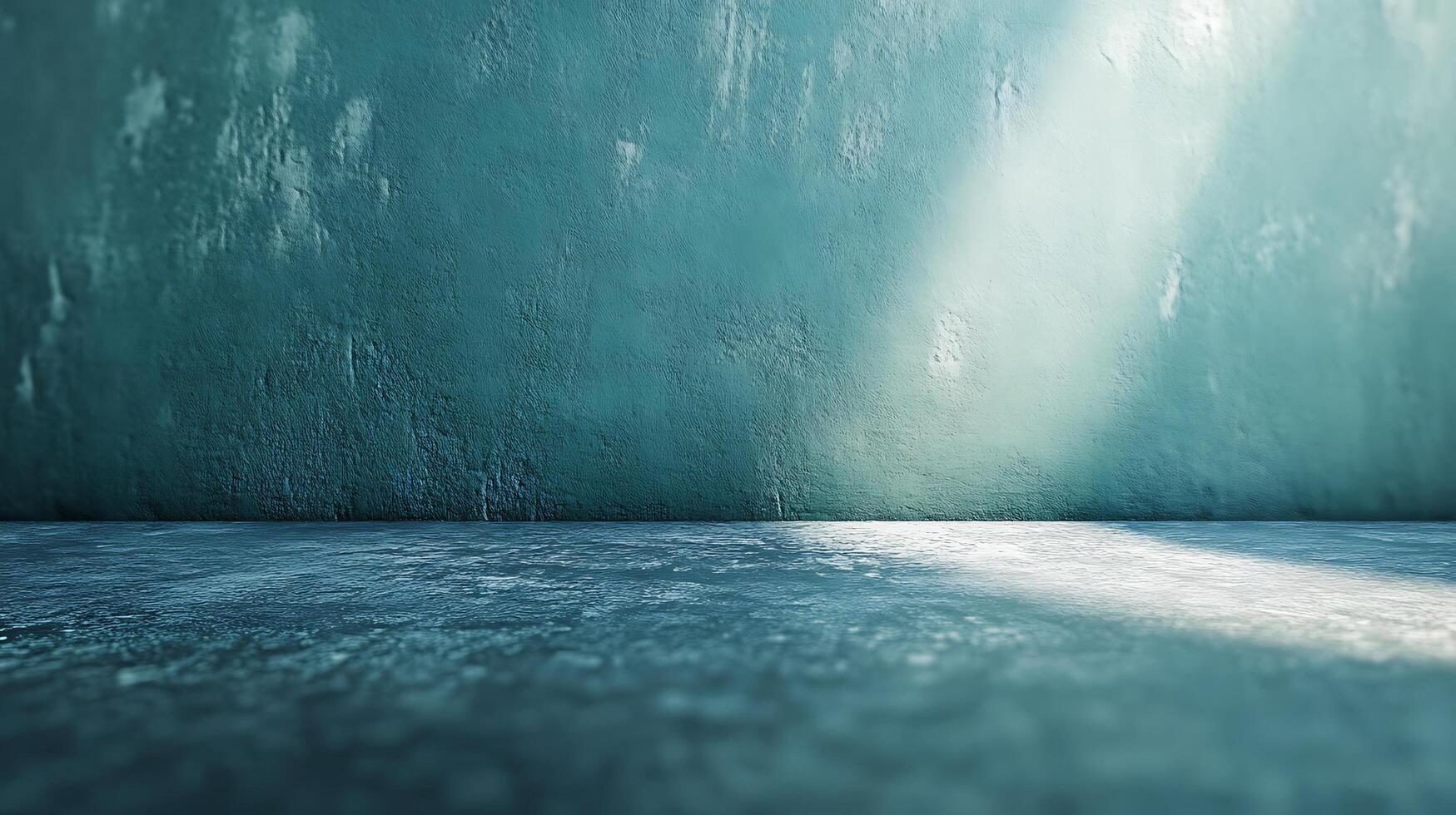 Light illuminates a textured blue wall and floor creating a minimalist, moody atmosphere. The contrast of light and shadow adds depth. photo