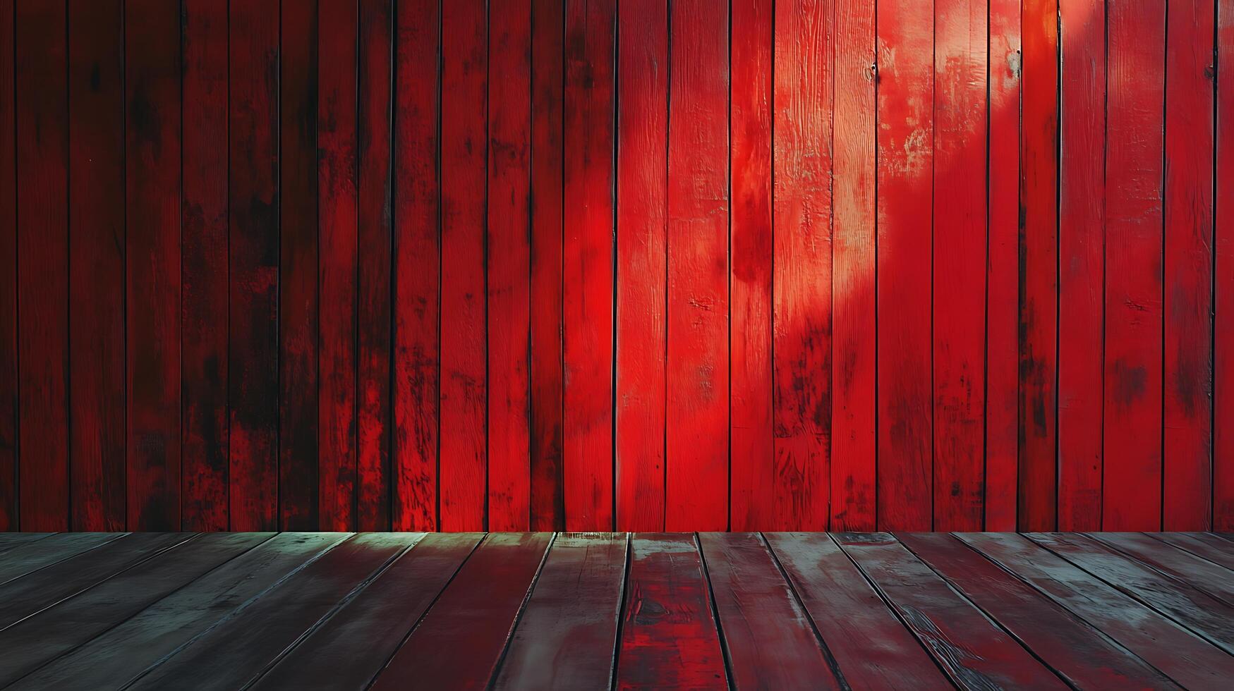 Rustic wooden backdrop featuring a rich red painted wall with weathered details and a dark wooden floor adding depth and character. photo