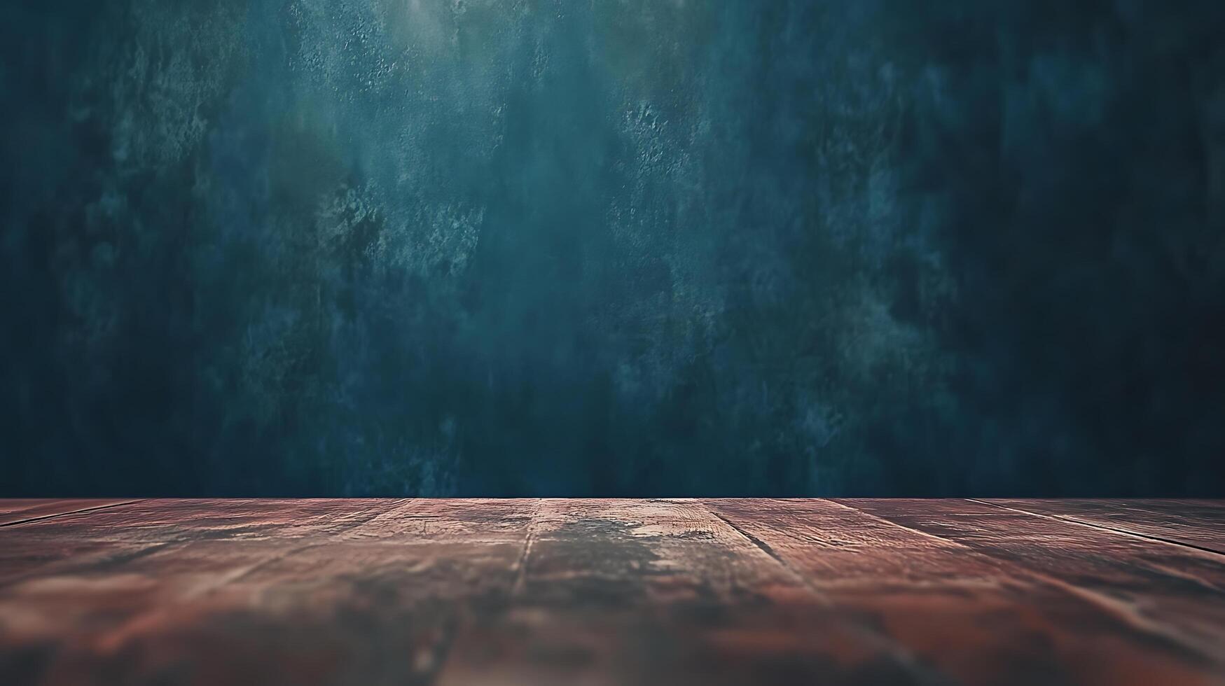 A captivating studio shot features a weathered wooden floor juxtaposed against a textured blue background, exuding rustic charm and depth. photo