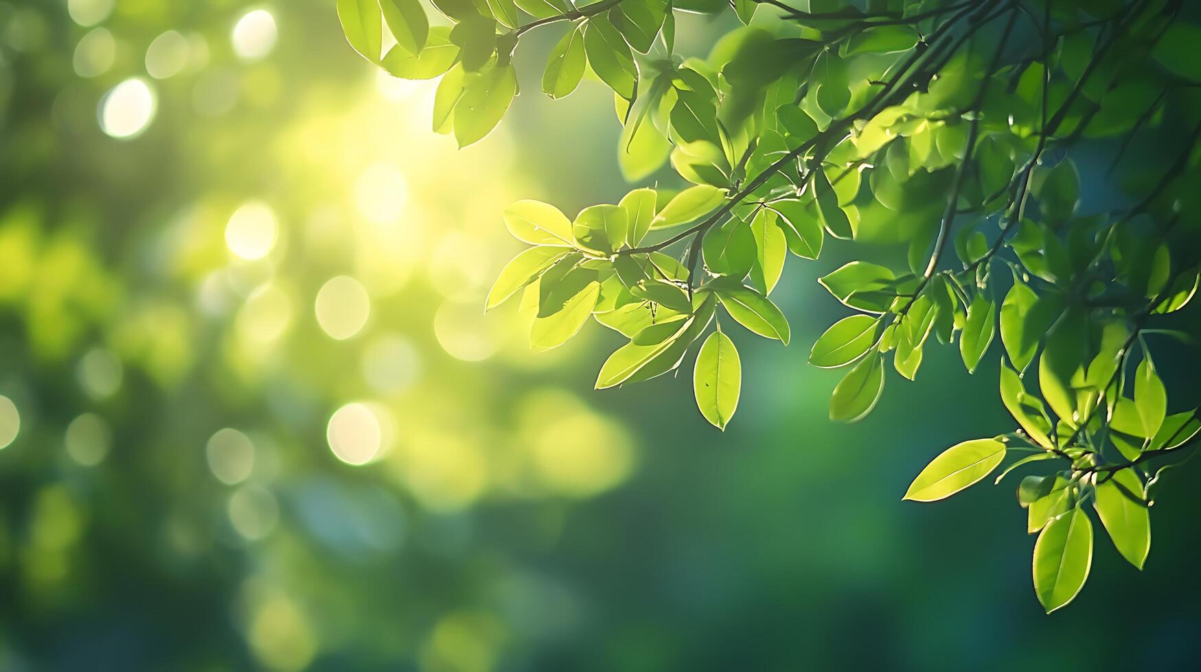 Sunlight filters through lush green foliage, creating a serene and inviting scene. Focus on nature's beauty and calm. photo