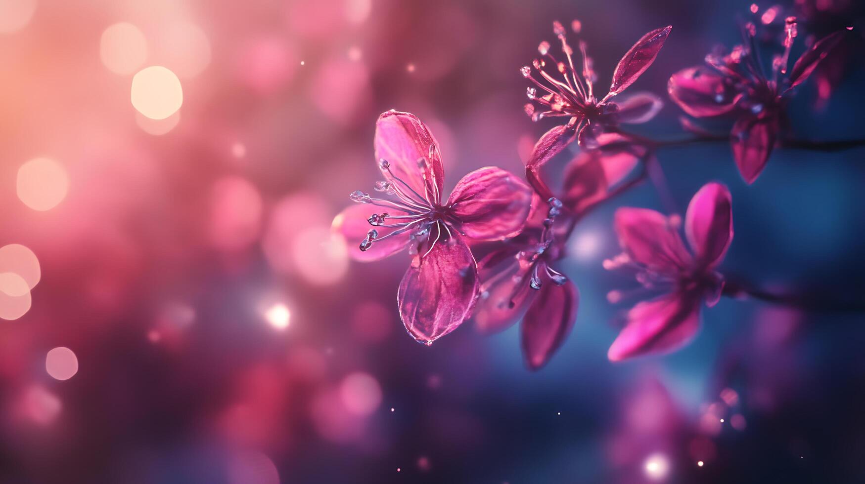 Vibrant blossom with pink petals shining in dreamlike light. Soft focus and bokeh create a magical, inviting ambiance. photo
