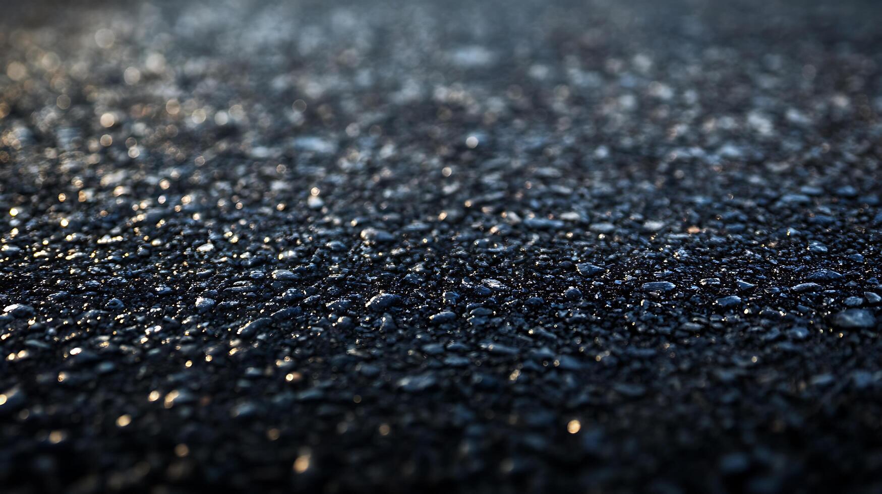 Close-up of fresh asphalt surface, showing texture and reflective aggregate under sunlight. Focus on material and abstract design. photo