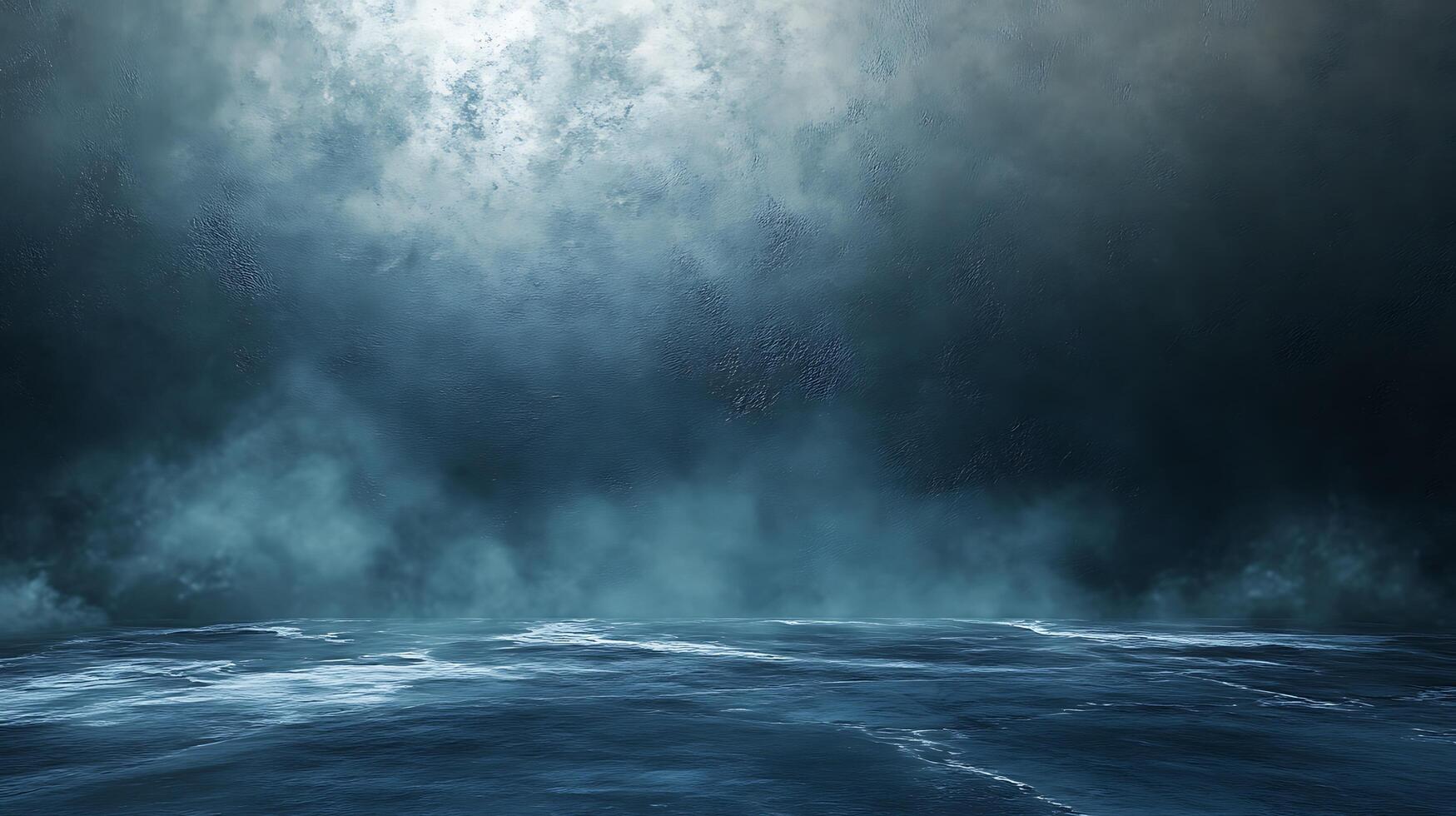 A moody ocean scene with low-lying fog and ominous clouds, creating a dramatic and mysterious atmosphere. Water reflecting light. photo