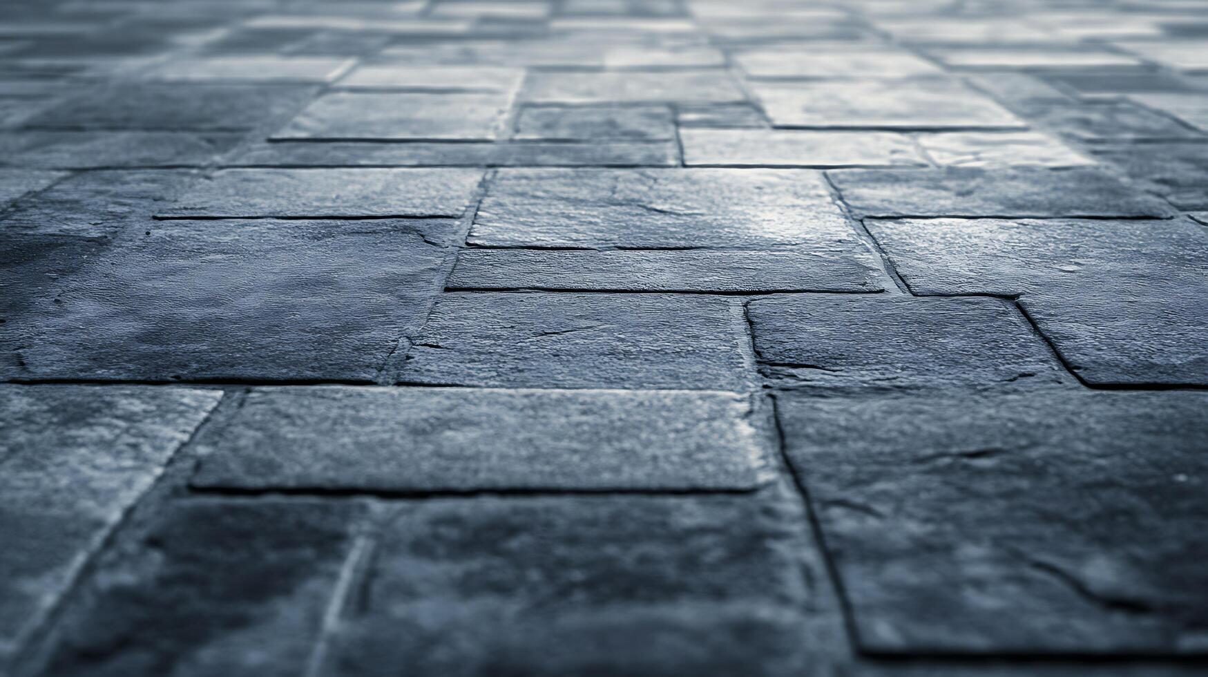 Monochrome stone pavement of varying rectangular shapes on a slightly blurred surface. The surface texture is coarse and flat. photo
