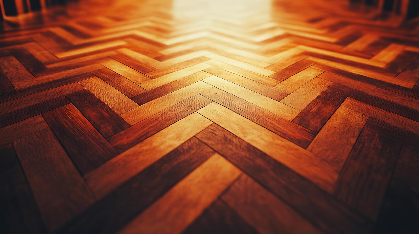 Warm wood flooring in herringbone pattern. Deep browns and golden tones create a rich texture for an elegant interior space. photo