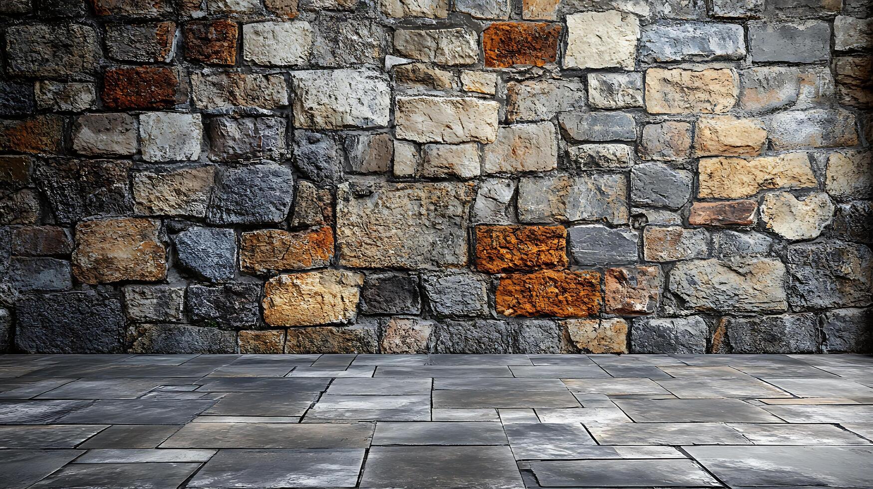 Stone Surface A rustic wall of stacked stones meets a tiled floor, offering a textured and durable architectural backdrop. photo