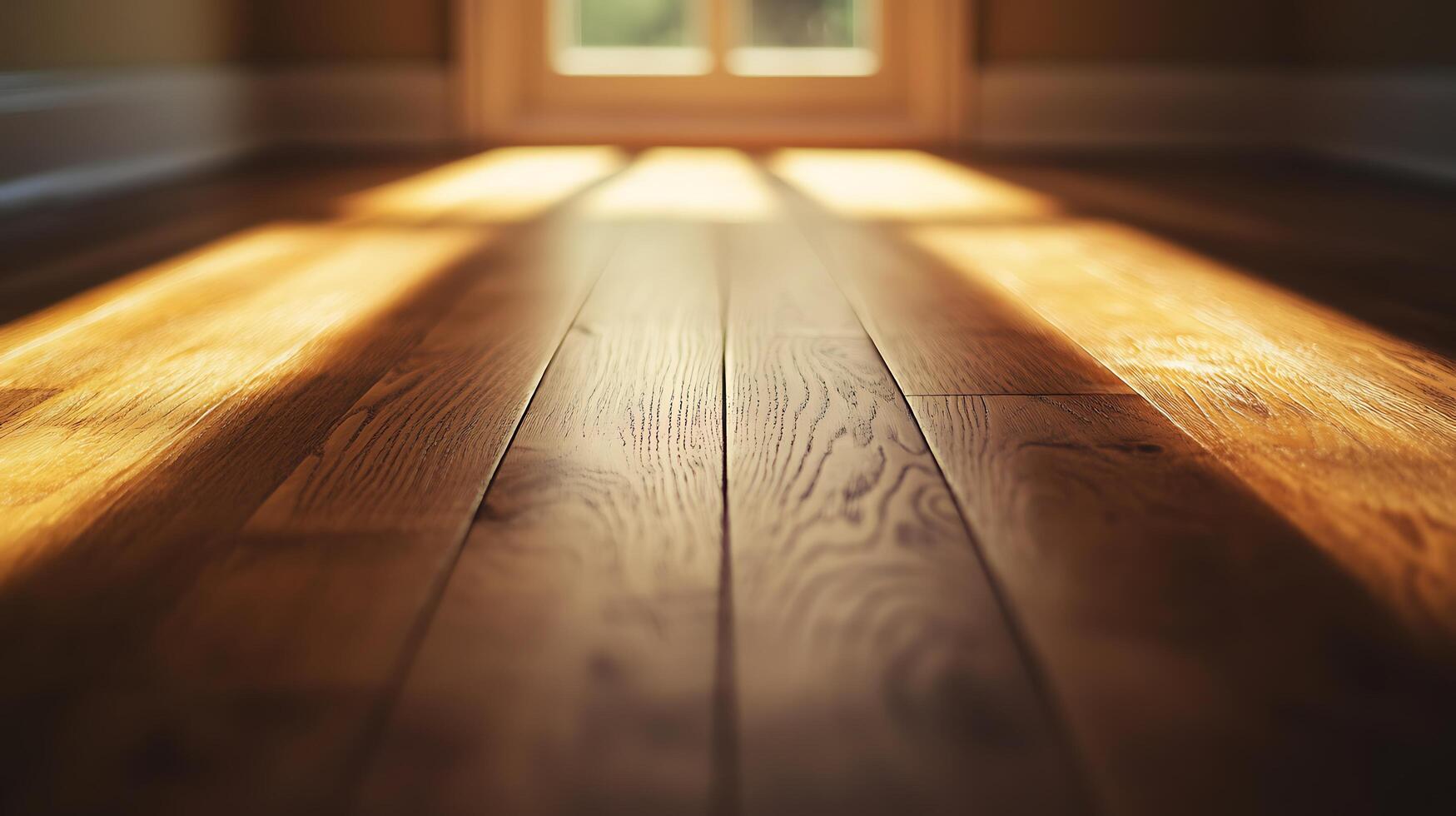 Sunlight streams through a window, illuminating the wooden floor with warm light creating a cozy and inviting atmosphere. photo