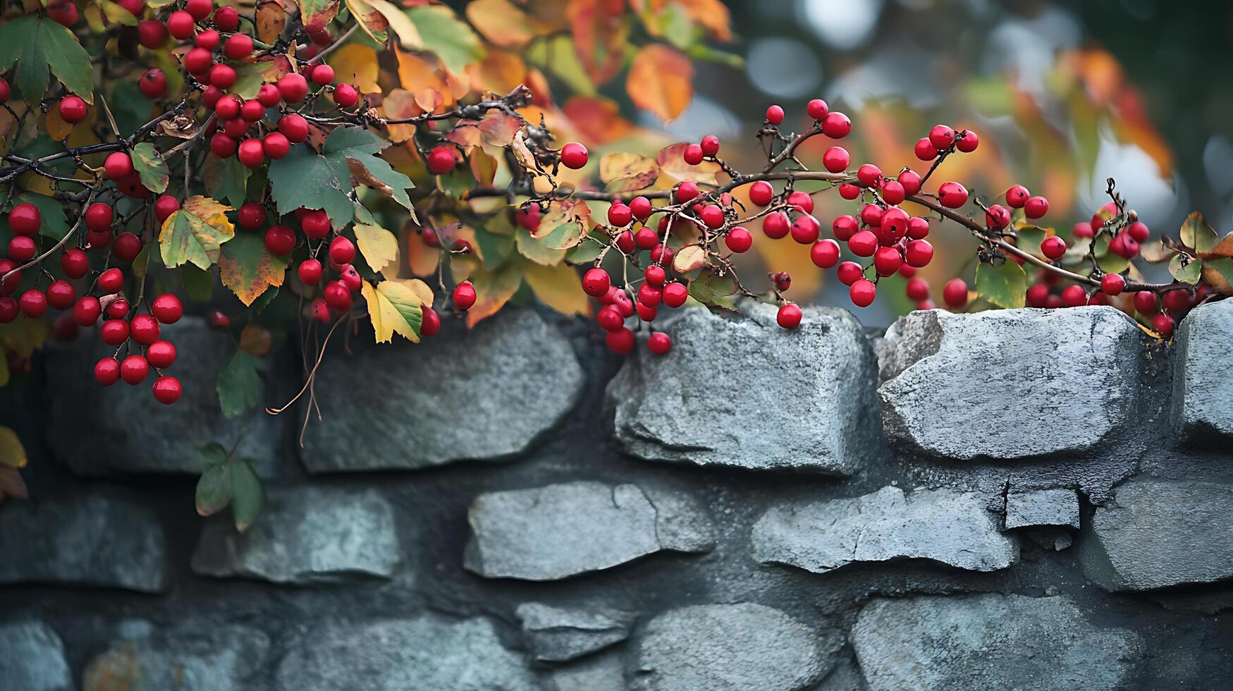 Autumn's Embrace Crimson berries dangle from branches with leaves transitioning colors, gracefully cascading over a rugged stone wall. photo