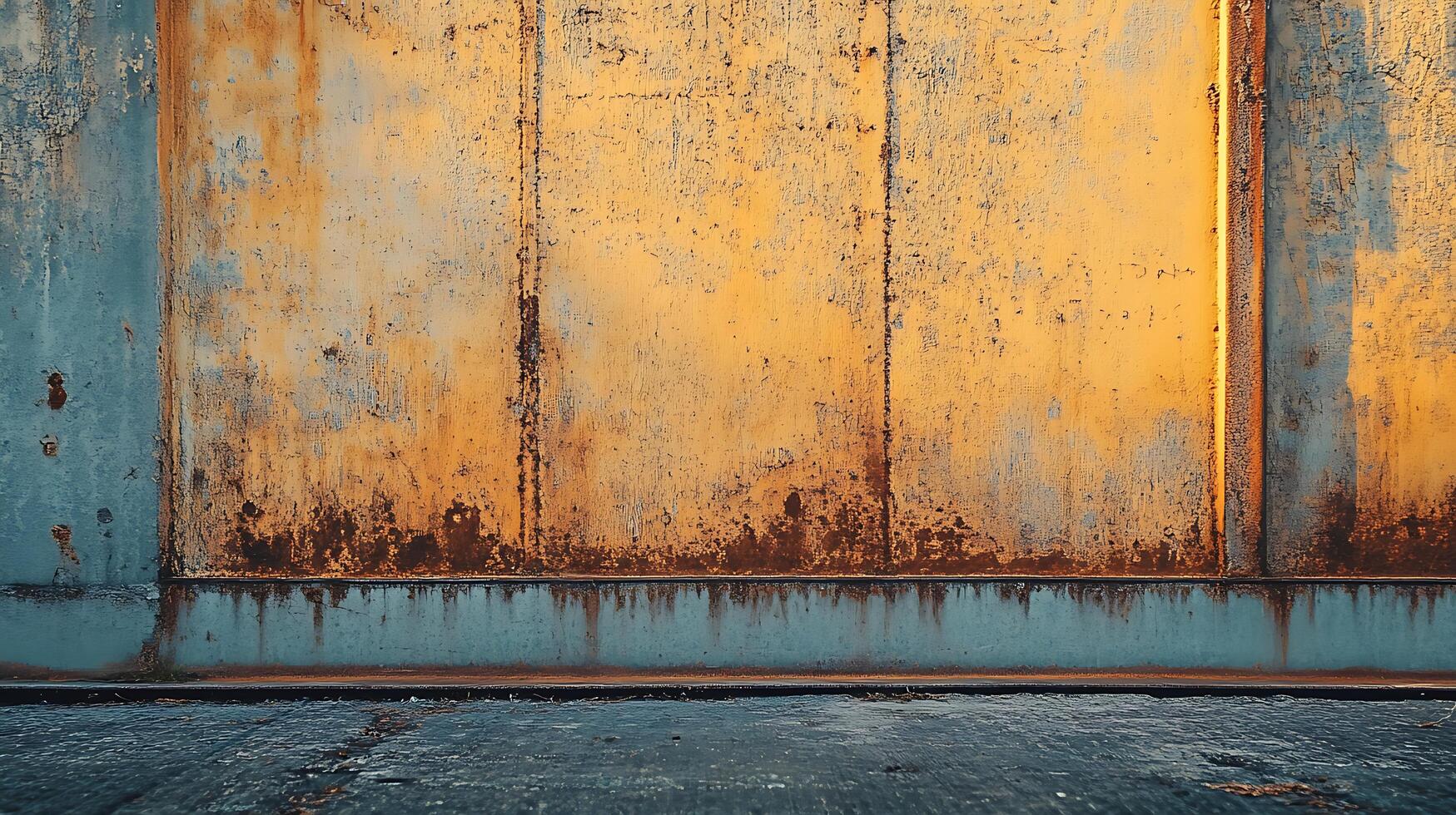A weathered metal wall, showcasing rust and faded paint, stands above a cracked pavement, creating a striking contrast of texture and color. photo