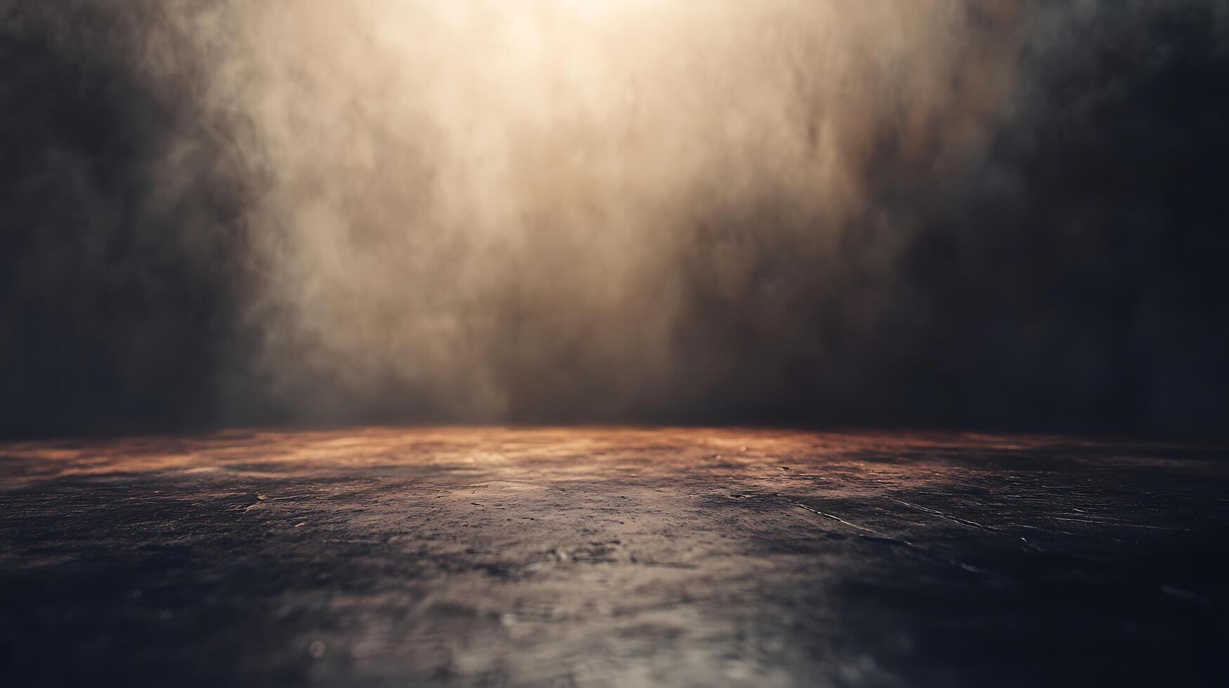Moody, atmospheric scene featuring a dark floor bathed in a soft, warm light contrasted against shadowy smoke-like clouds. photo