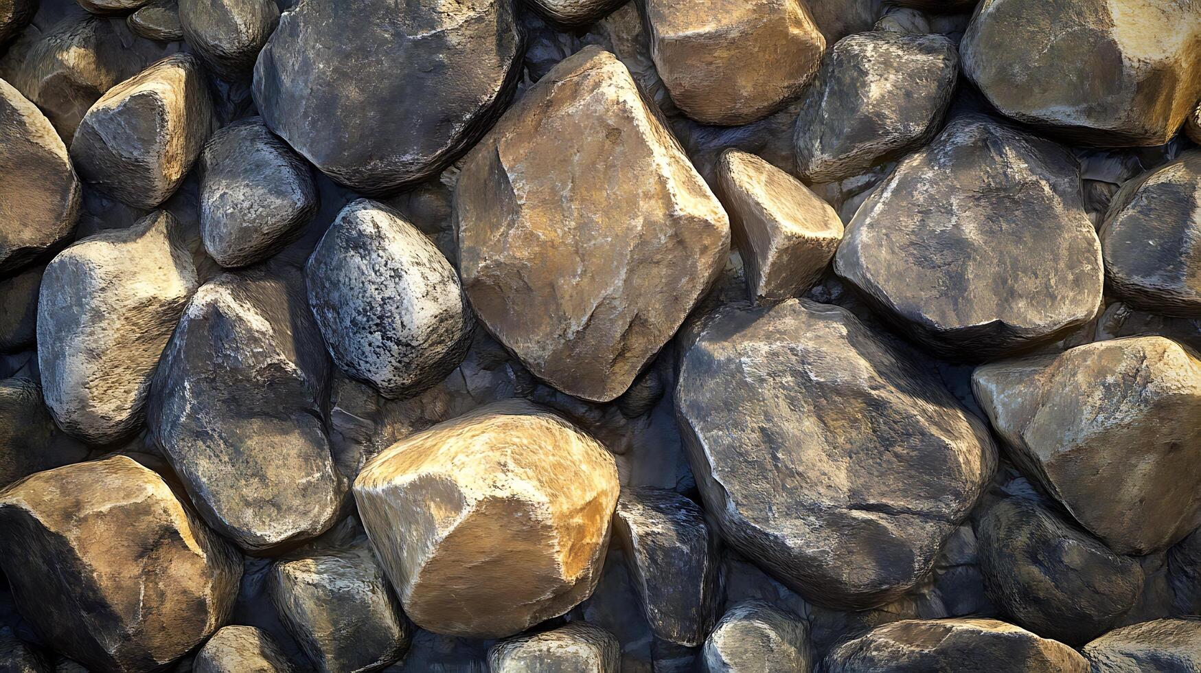 A textured array of river rocks in varying shades of brown and gray, creating a natural and rustic visual pattern, perfect as a background. photo