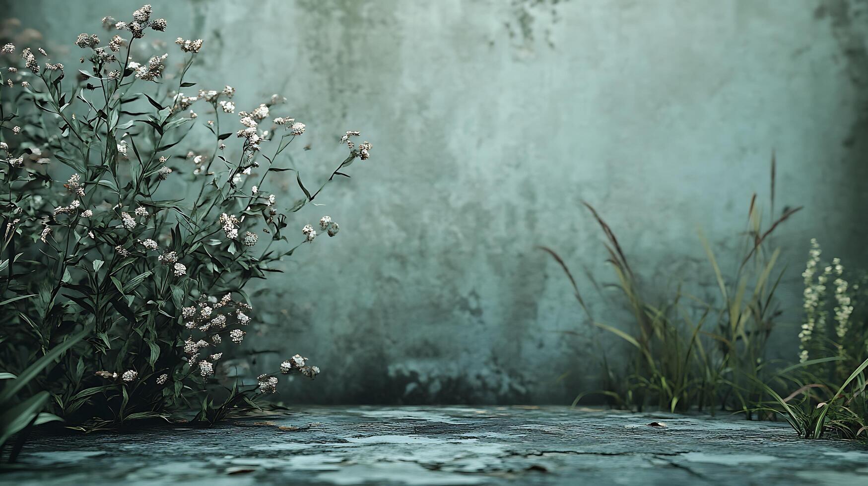 Moody scene Flowers and grasses contrast with a textured wall and damp ground, creating a serene, untouched ambiance. photo
