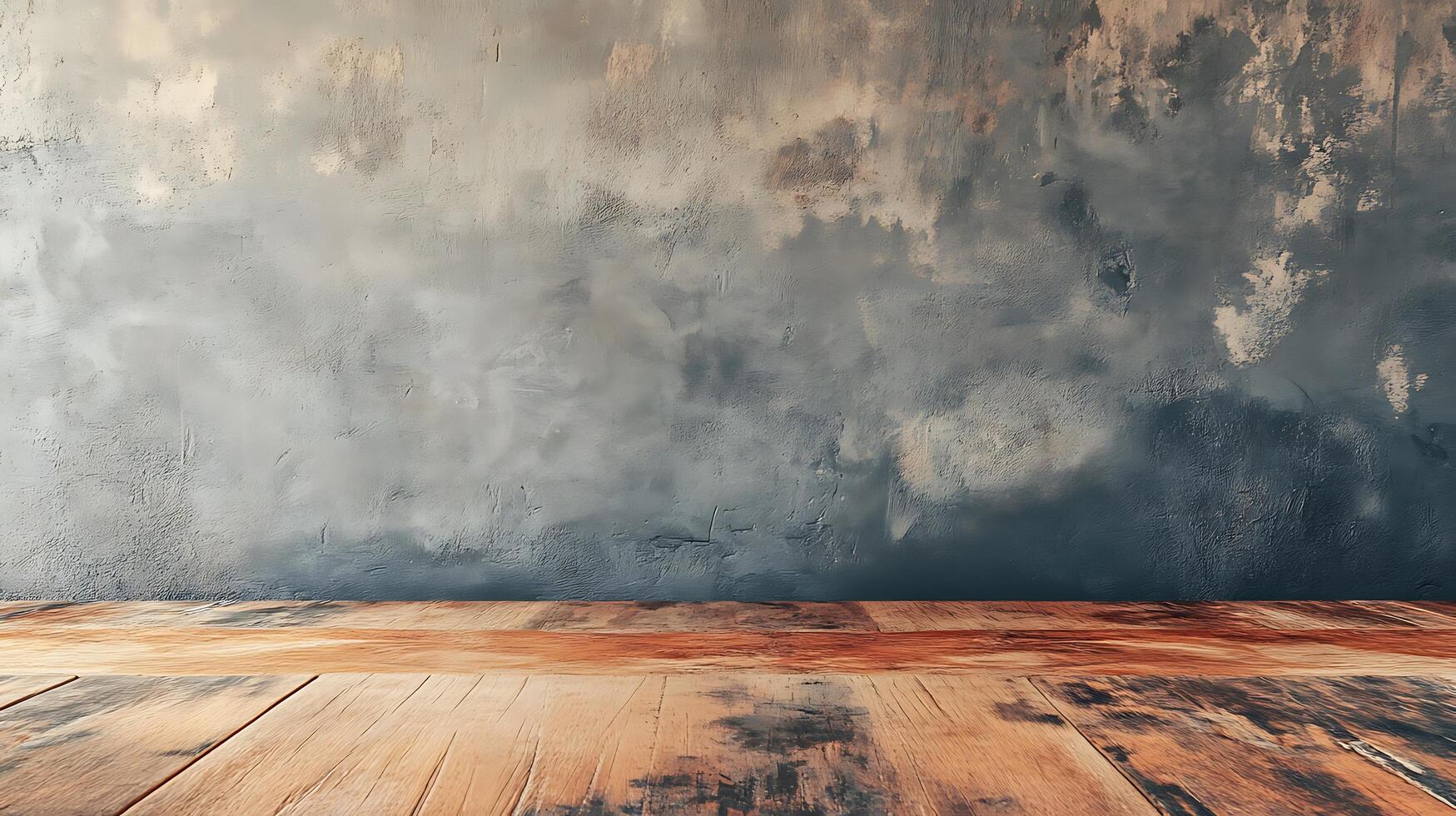 Rustic interior backdrop with a wooden floor and textured plaster wall, perfect for product displays and presentations. photo
